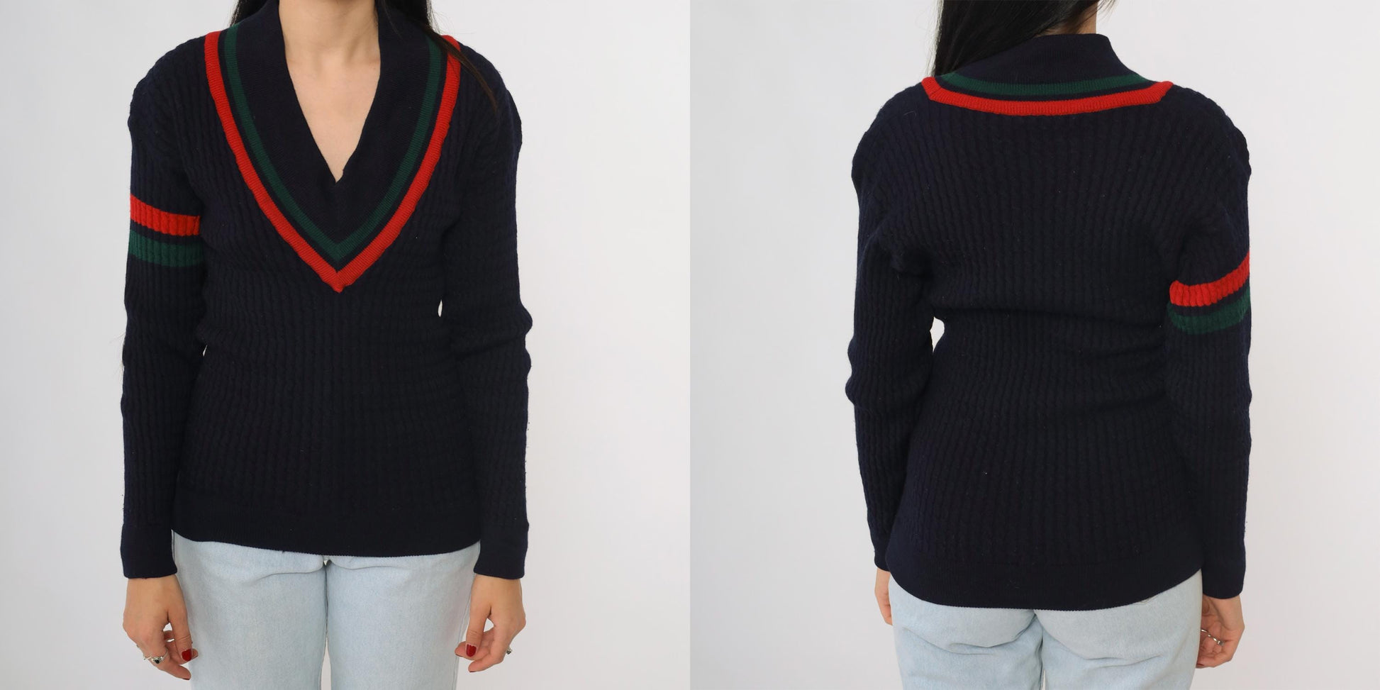 80s Abercrombie & Fitch Cricket Sweater Navy Wool V-Neck Striped Small