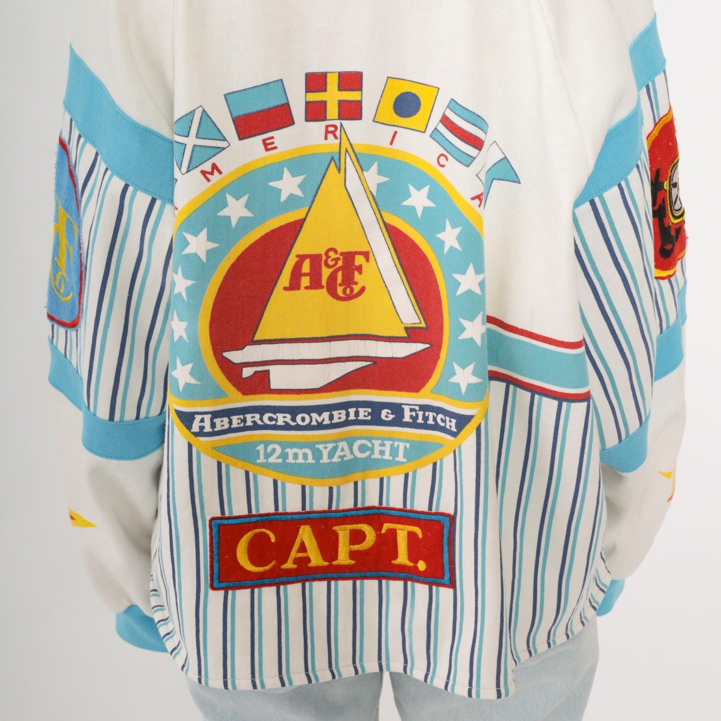 80s Abercrombie & Fitch Yacht Sailing Novelty Sweatshirt White Blue Striped Large