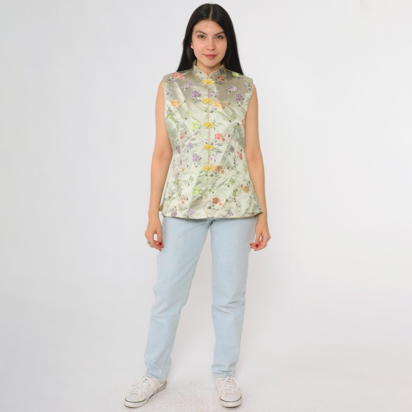 Y2K Sage Green Cheongsam Top Mandarin Collar Floral Embroidered Satin Small