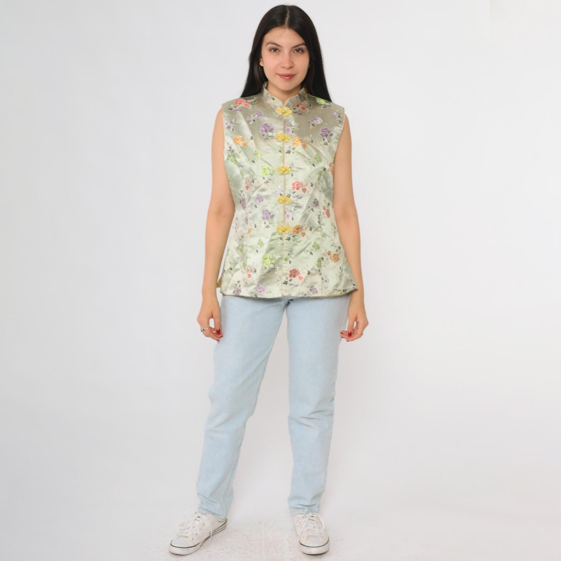 Y2K Sage Green Cheongsam Top Mandarin Collar Floral Embroidered Satin Small