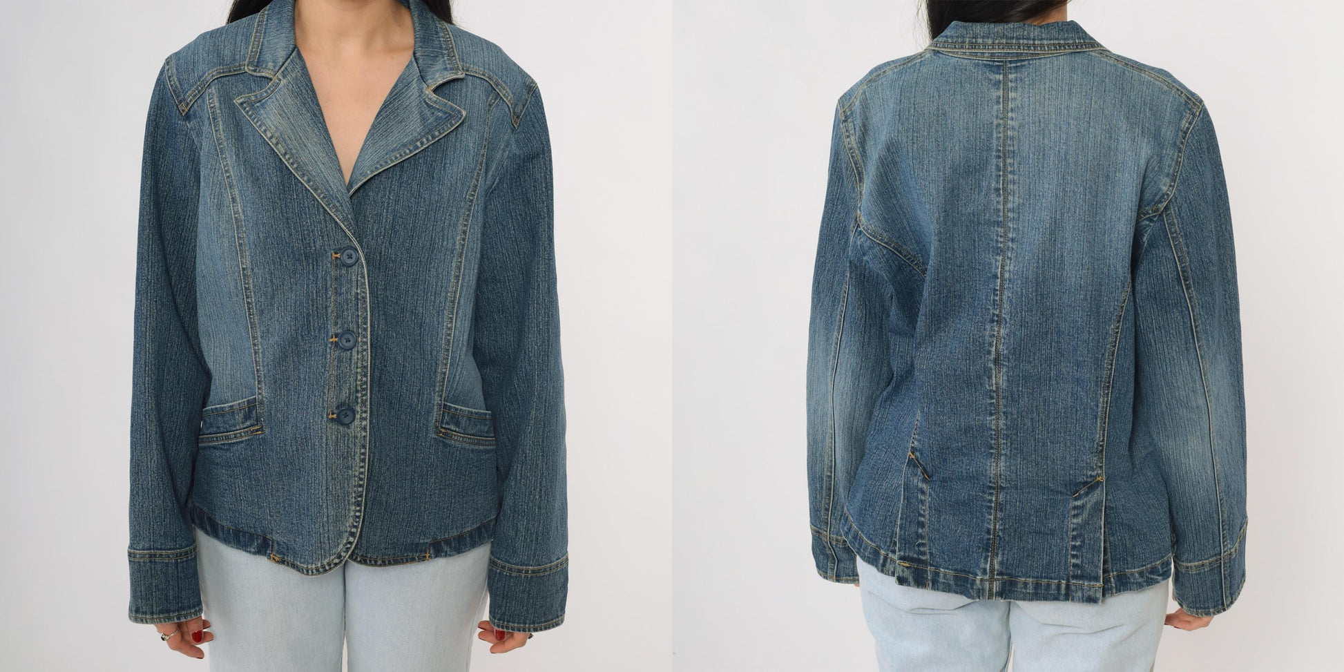 Y2K St Johns Bay Denim Blazer Blue Button Front Tailored Jacket Large L
