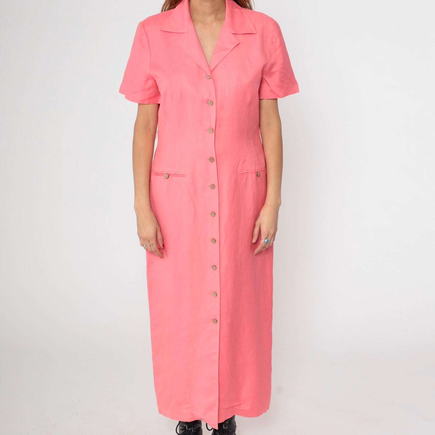 Y2K Coral Pink Linen Shirt Dress Dress Barn Button Front Maxi Large L