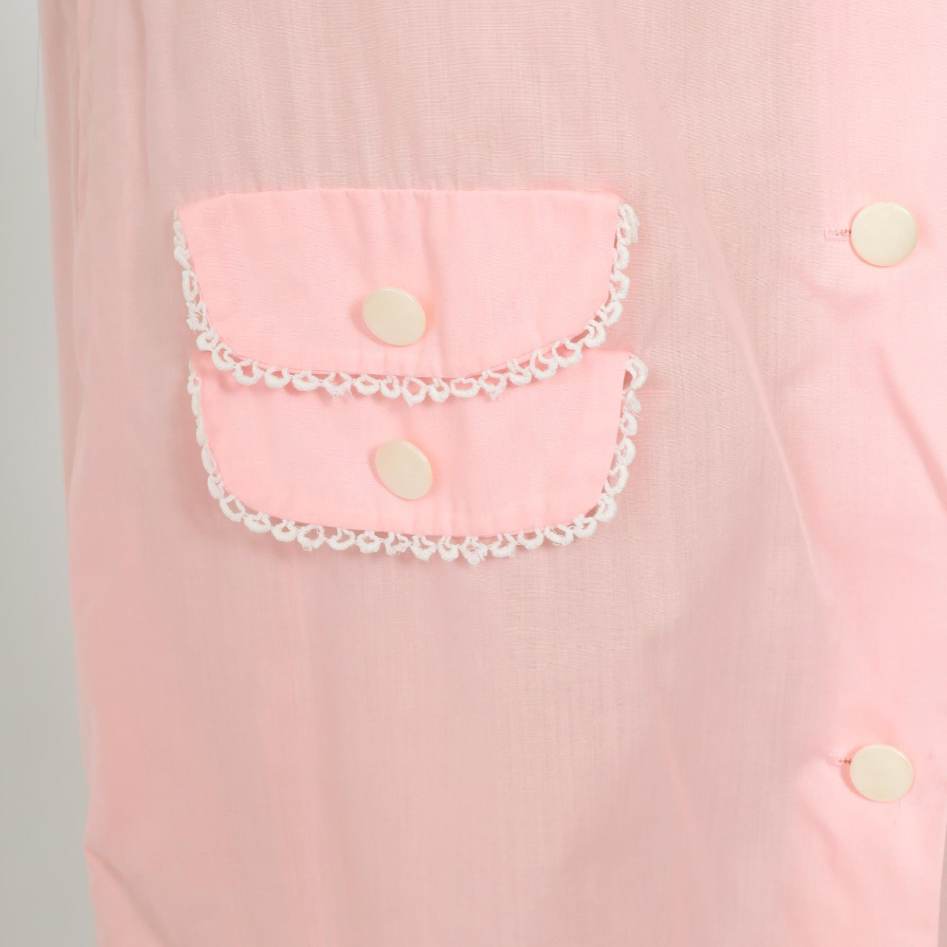 60s Charmode Pink House Dress Peter Pan Collar Lace Trim Pockets Medium