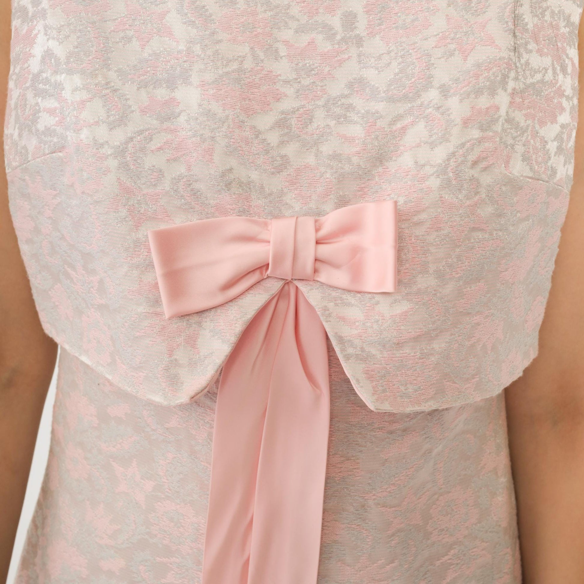 60s Pink Floral Maxi Dress Empire Waist Bow Tie Sleeveless Small