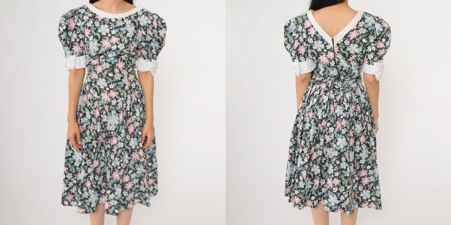 80s All That Jazz Floral Sundress Puff Sleeve Back Tie Cotton Medium