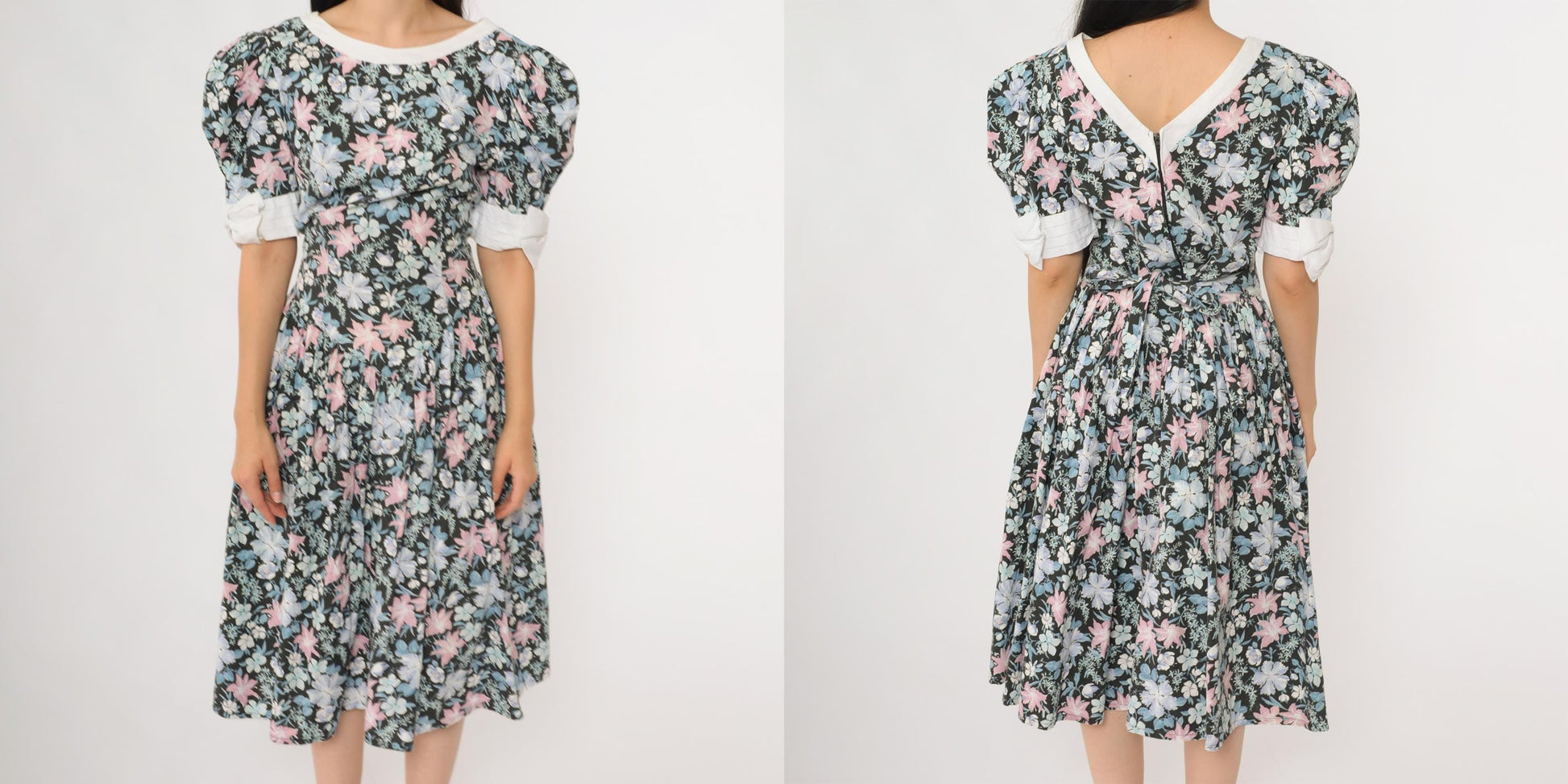 80s All That Jazz Floral Sundress Puff Sleeve Back Tie Cotton Medium