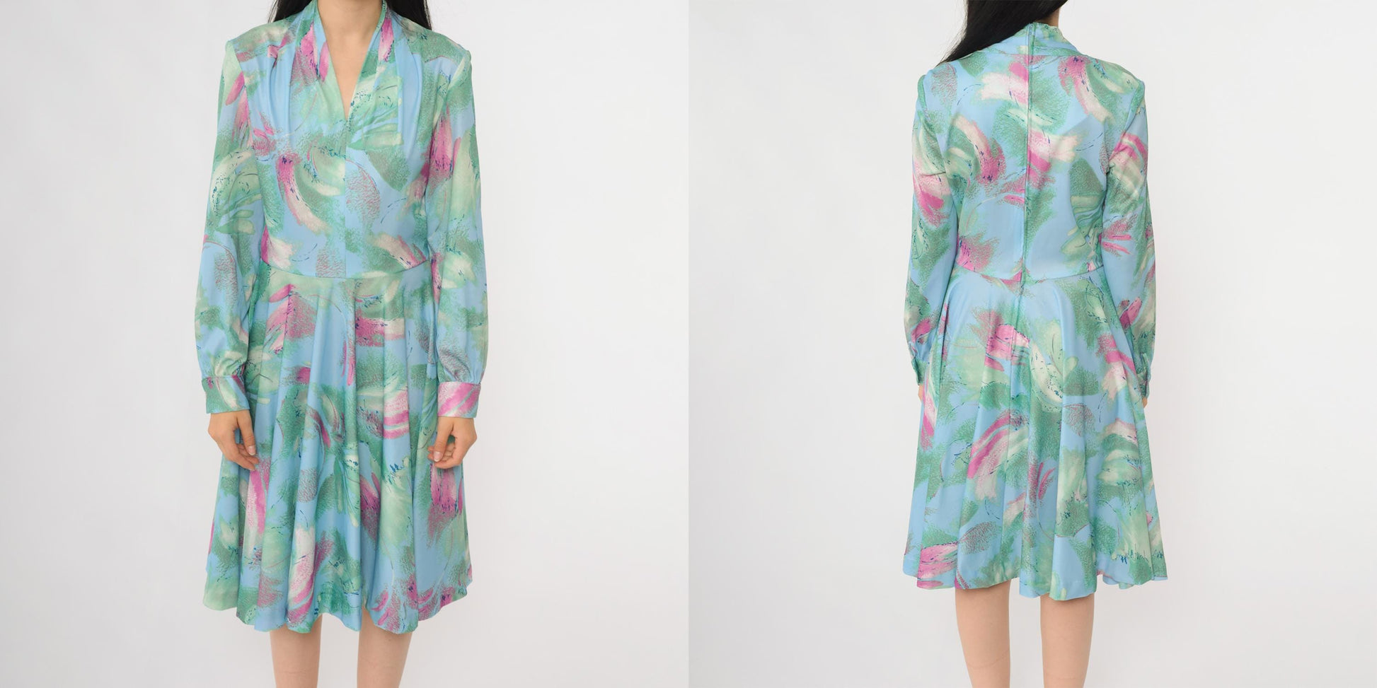 70s Watercolor Floral Dress V-Neck Abstract Print Wrap Midi Blue Green Medium M