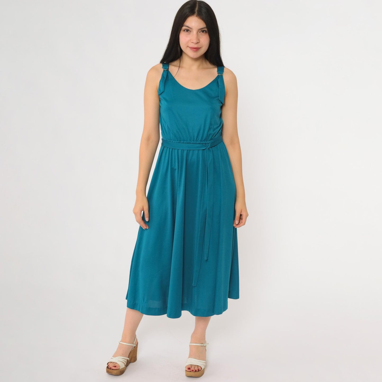 70s Lanz Teal Midi Dress Sleeveless A-Line Belted Small