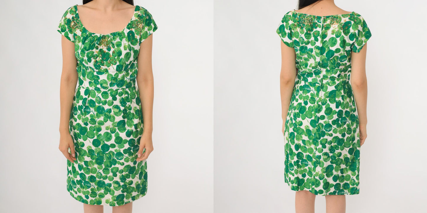 60s Green Leaf Sequin Cocktail Dress Cap Sleeve Knee Length Small