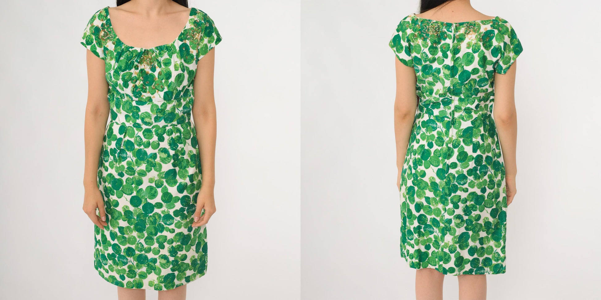 60s Green Leaf Sequin Cocktail Dress Cap Sleeve Knee Length Small