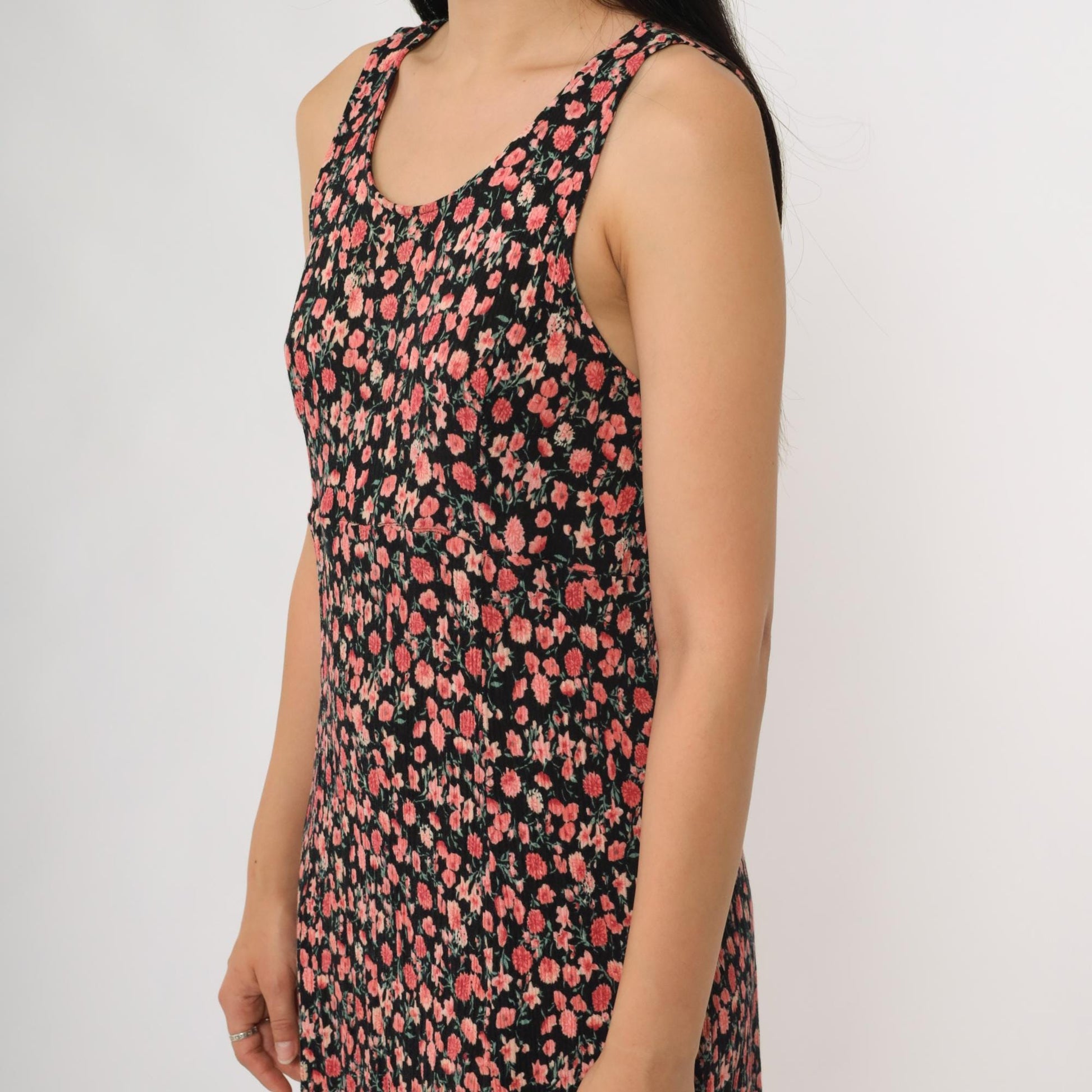 90s R&K Originals Cherry Blossom Floral Midi Dress Black Pink Medium M