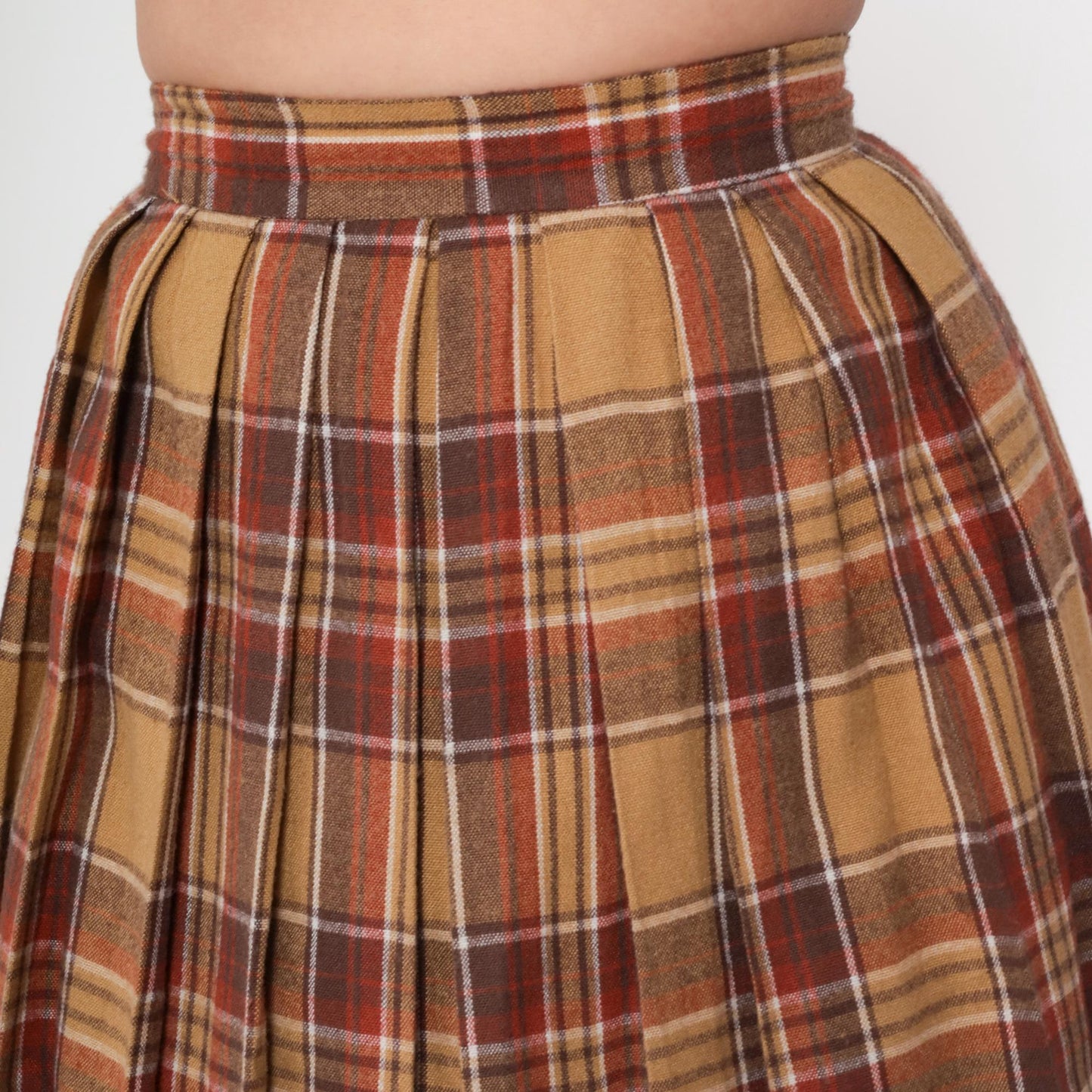 70s Plaid Wool Blend Midi Skirt High Waisted Tartan Brown Tan Small S