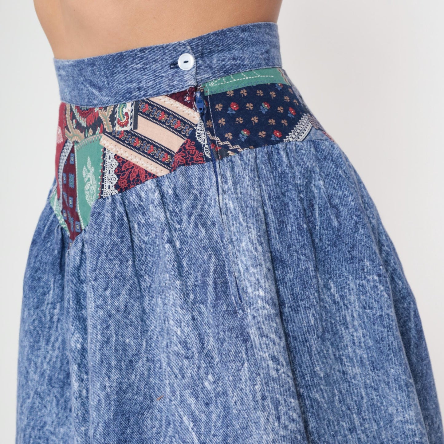 80s Acid Wash Denim Mini Skirt Patchwork High Waisted Circle Small S