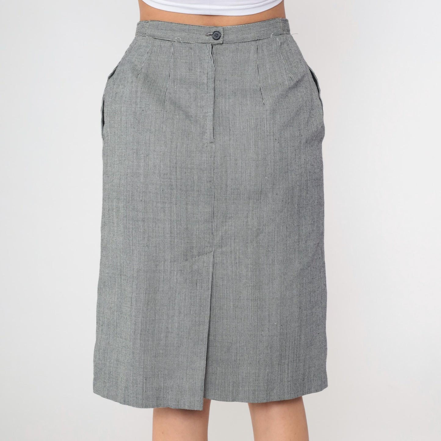 80s Black Houndstooth Midi Skirt High Waist Straight Pencil Medium
