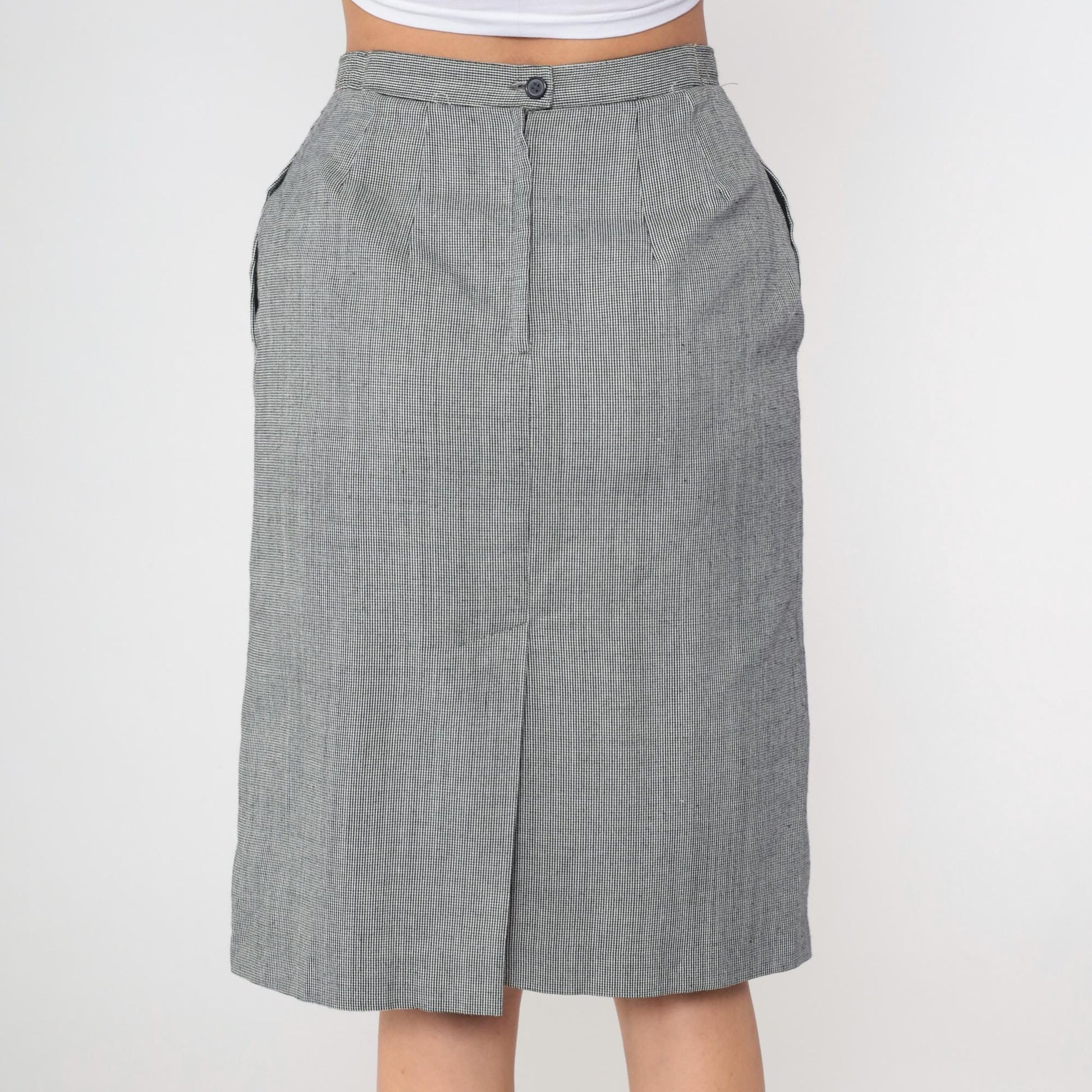 80s Black Houndstooth Midi Skirt High Waist Straight Pencil Medium
