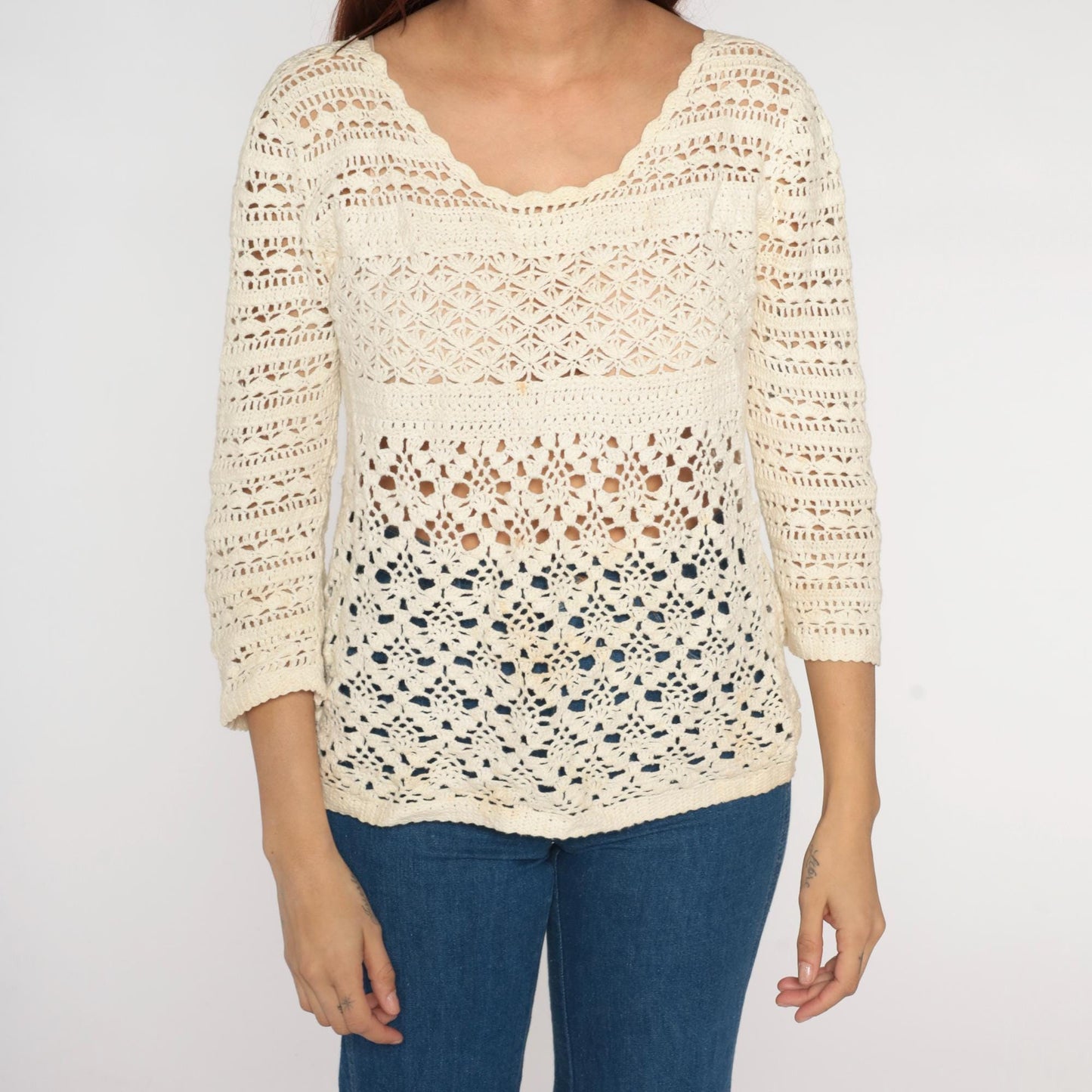 00s Lucky Brand Crochet Long Sleeve Top Cream Sheer Cutout Large L