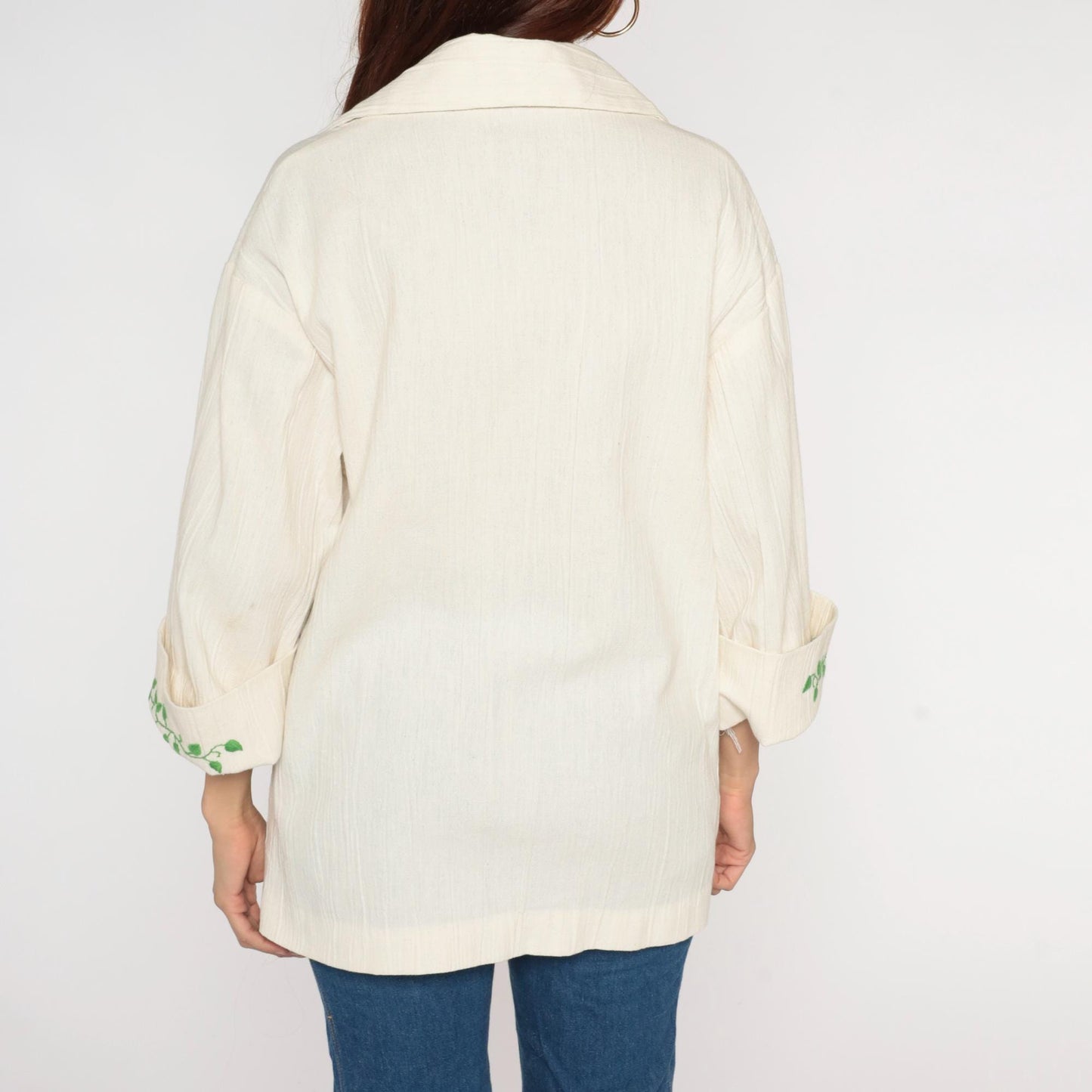 70s Cream Peasant Blouse Purple Grape Embroidery Bell Sleeves Large L