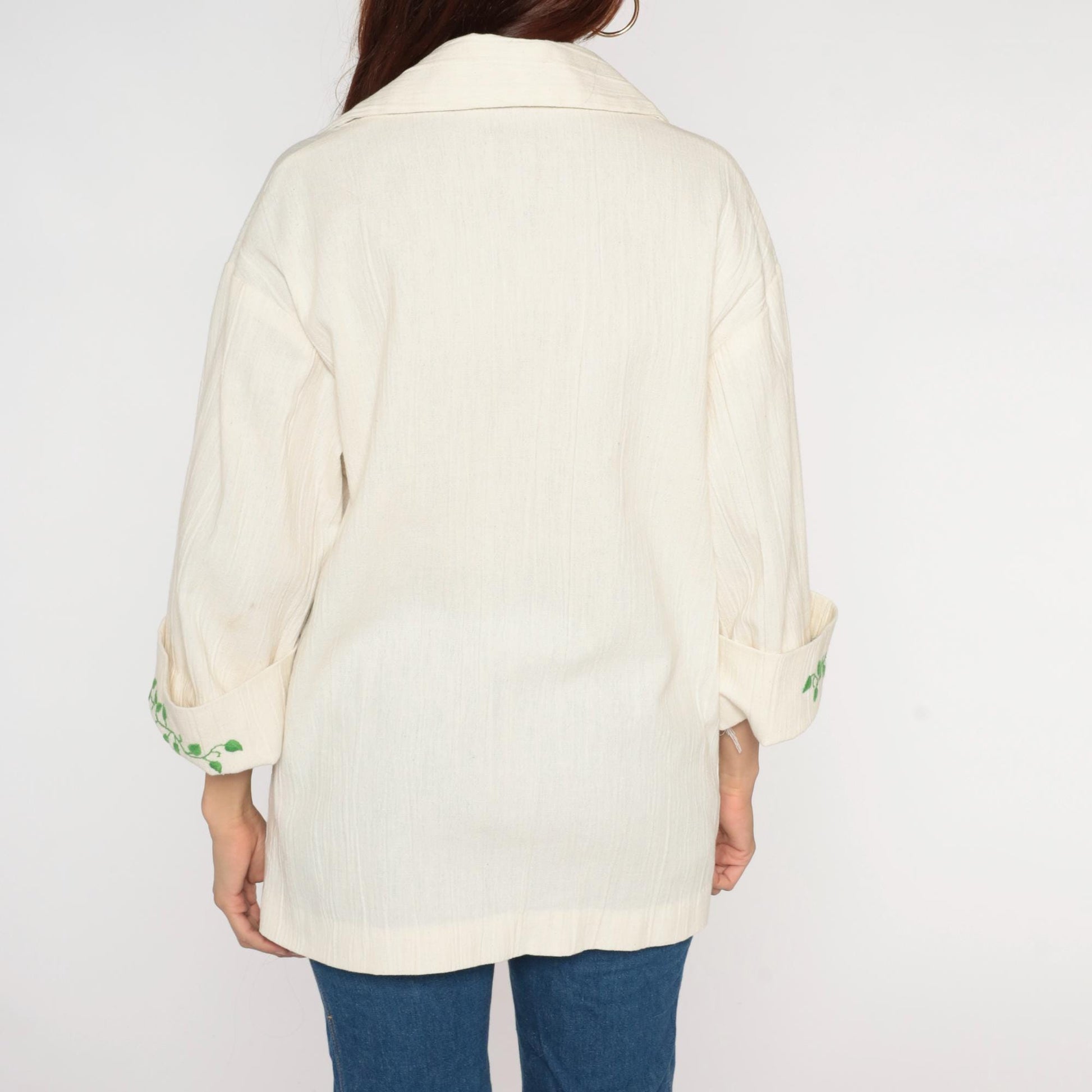 70s Cream Peasant Blouse Purple Grape Embroidery Bell Sleeves Large L
