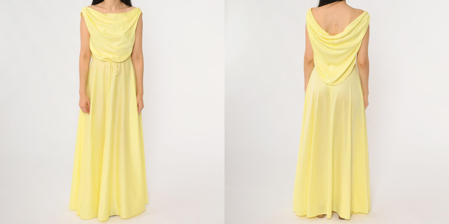 70s Yellow Maxi Dress Cowl Neck Sleeveless Waist Tie Small