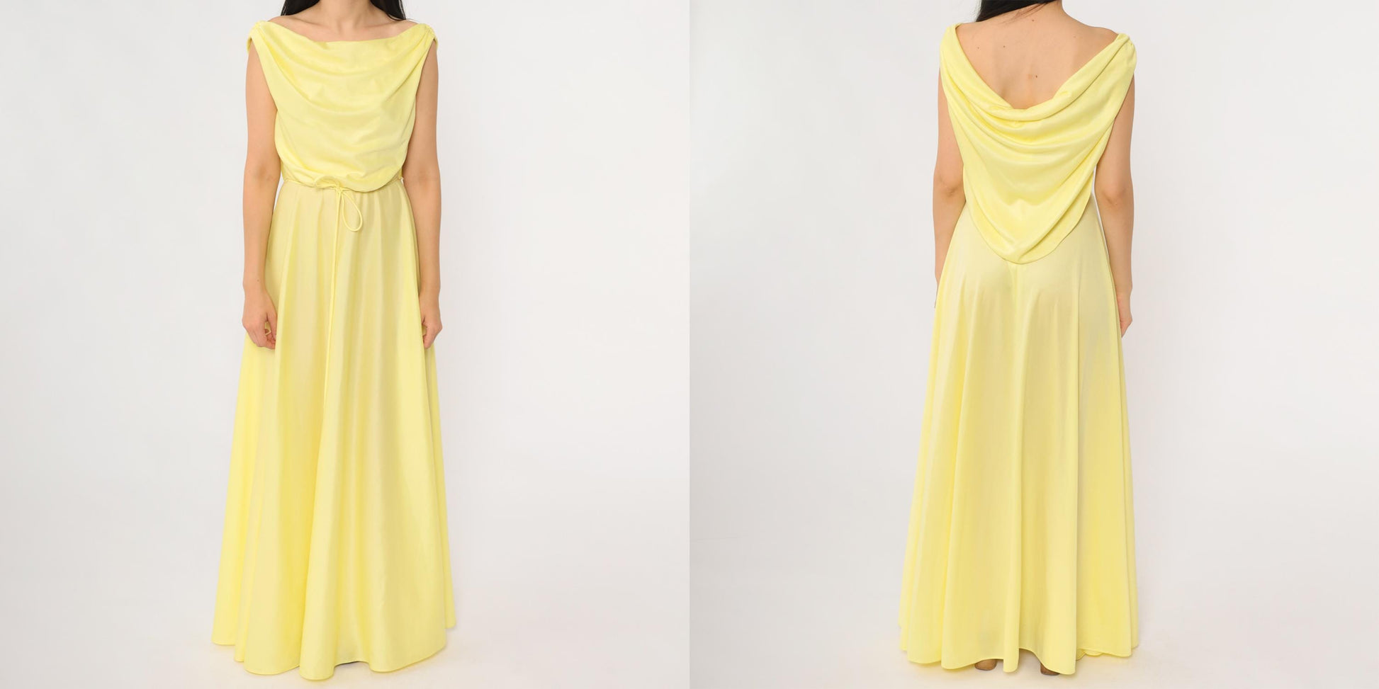 70s Yellow Maxi Dress Cowl Neck Sleeveless Waist Tie Small