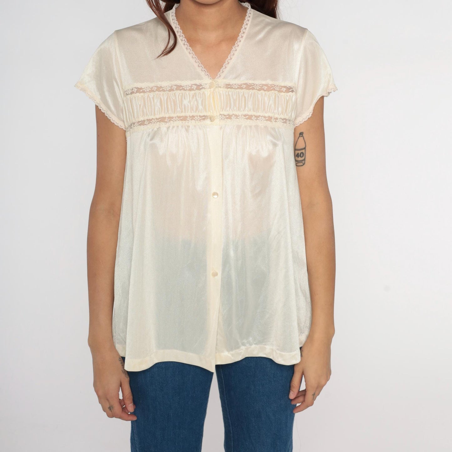 80s Sears Cream Lace Trim Blouse Short Sleeve Medium M
