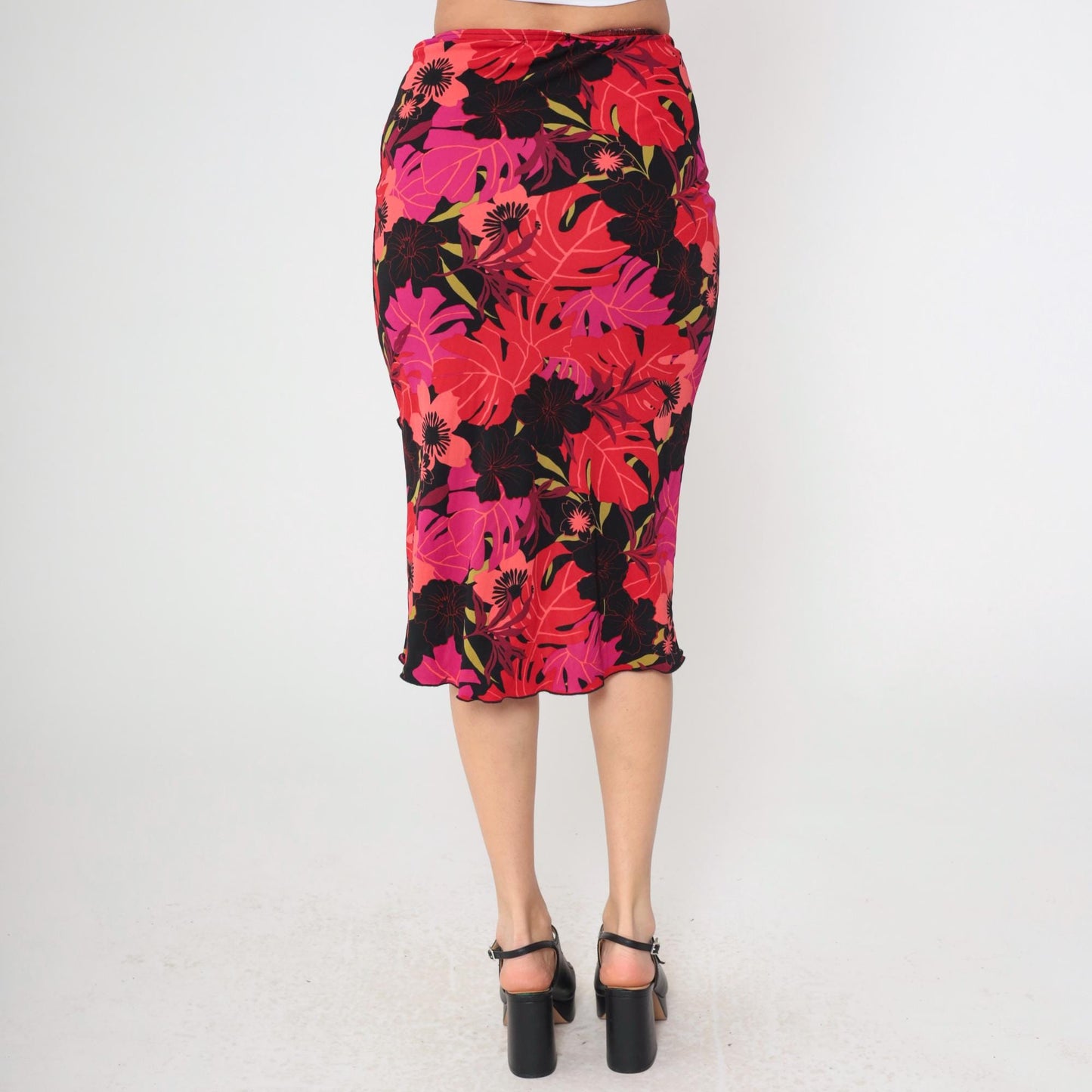 Y2K Heart and Soul Tropical Print Midi Pencil Skirt Pink Black Red Small