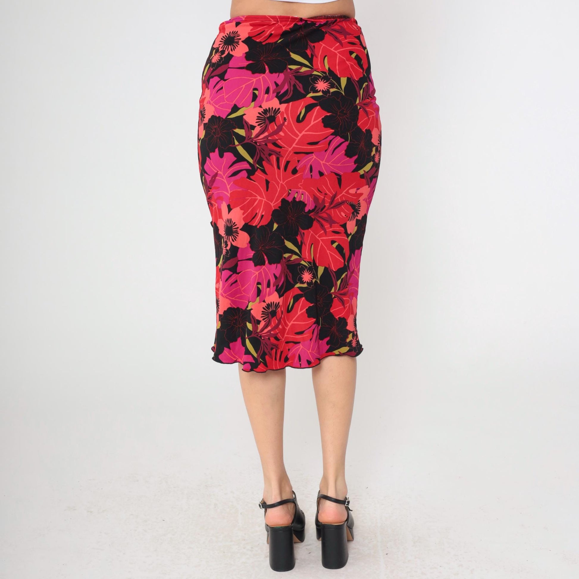 Y2K Heart and Soul Tropical Print Midi Pencil Skirt Pink Black Red Small