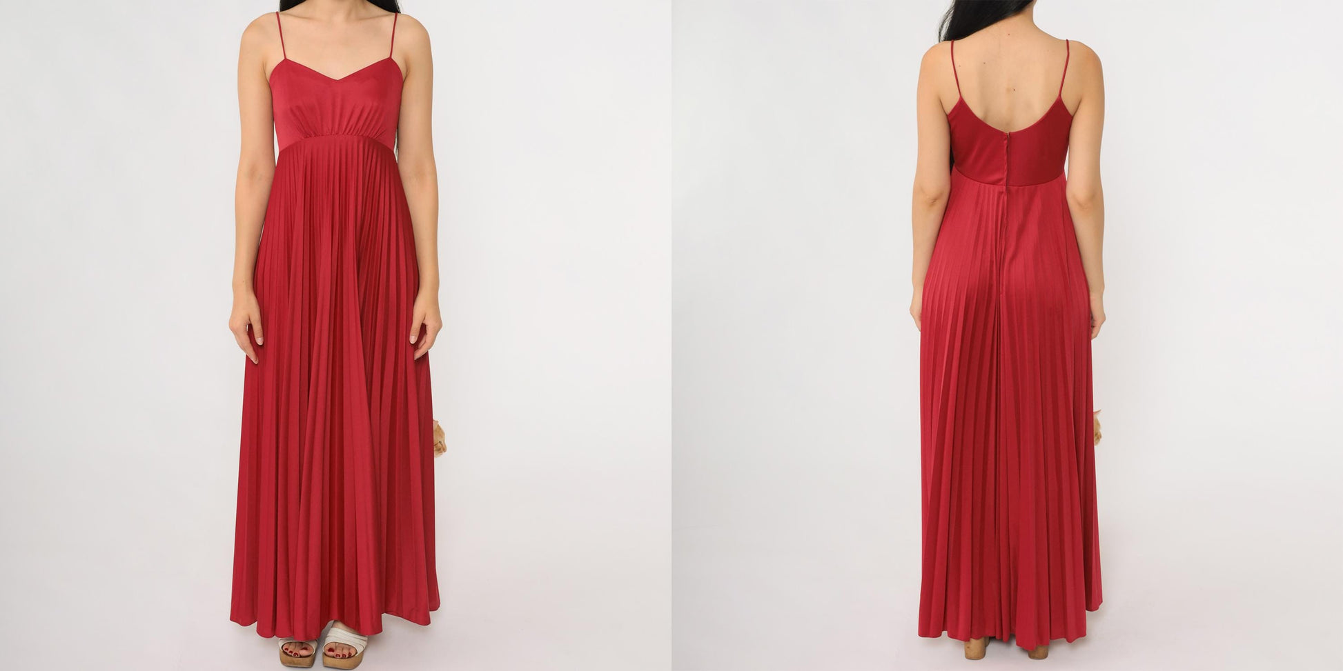 70s Red Pleated Maxi Dress Spaghetti Strap Empire Waist Extra Small