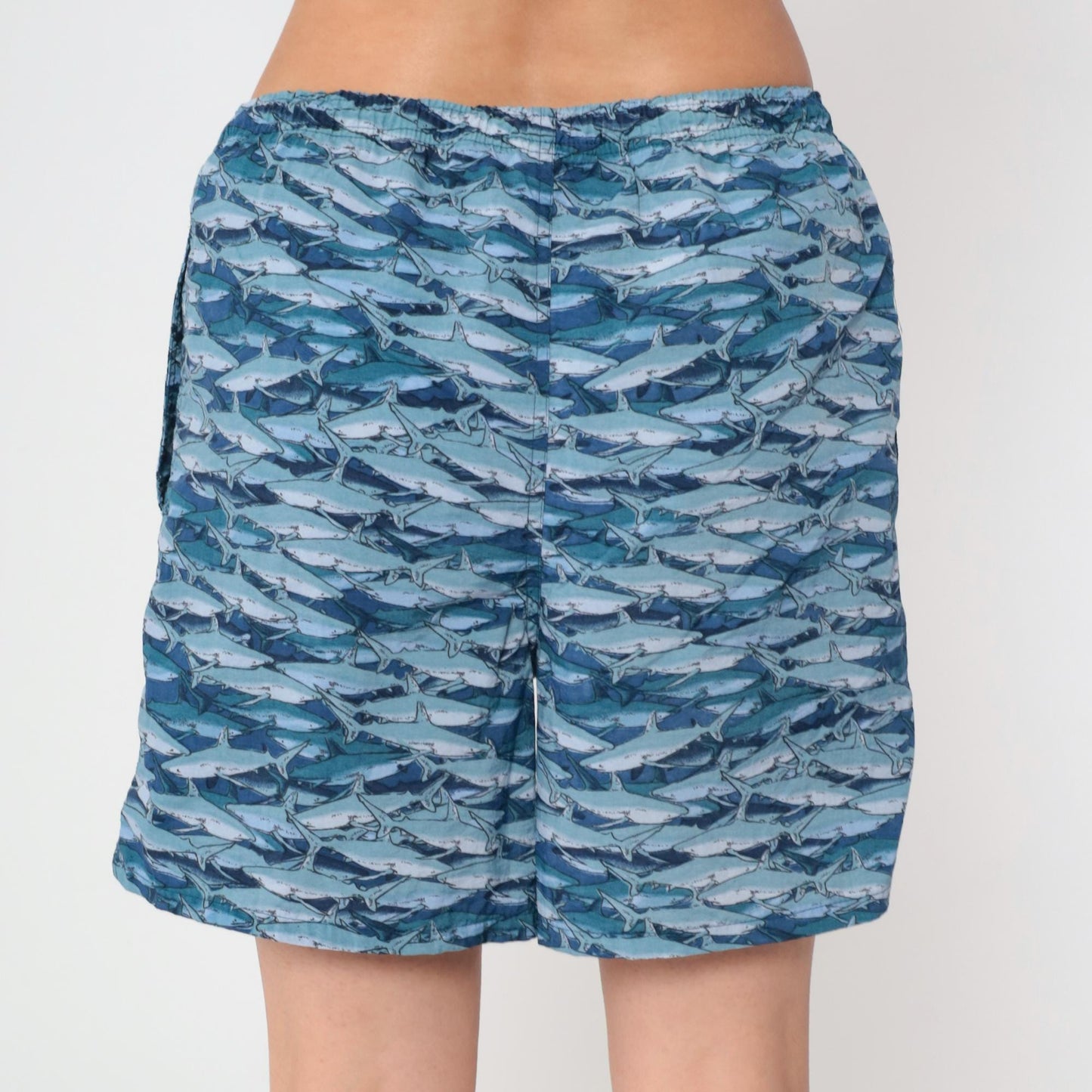 Y2K Shark Print Swim Trunks Ocean Blue Mesh Lined Board Shorts Medium M