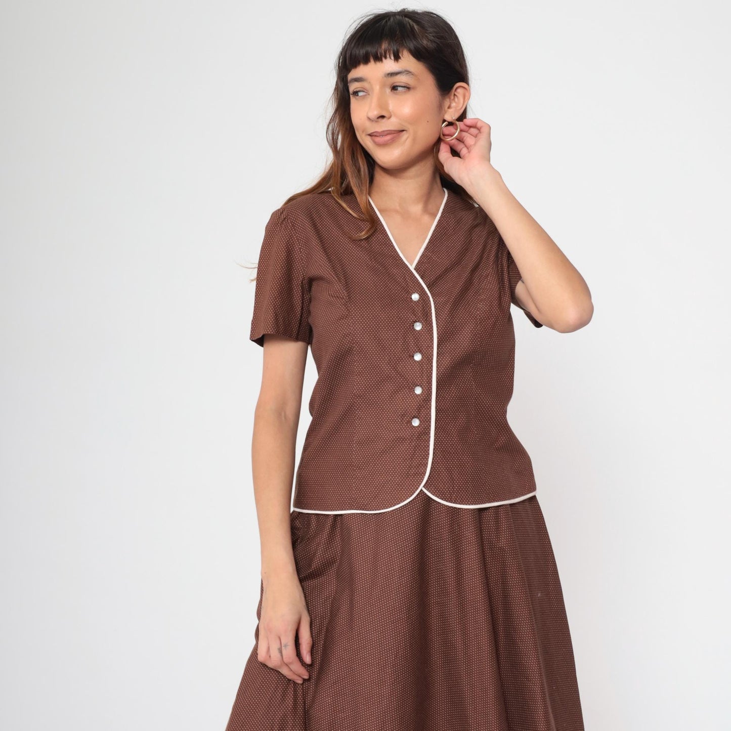 70s Brown Swiss Dot Two Piece Set Short Sleeve Blouse Pleated Mini Skirt Medium