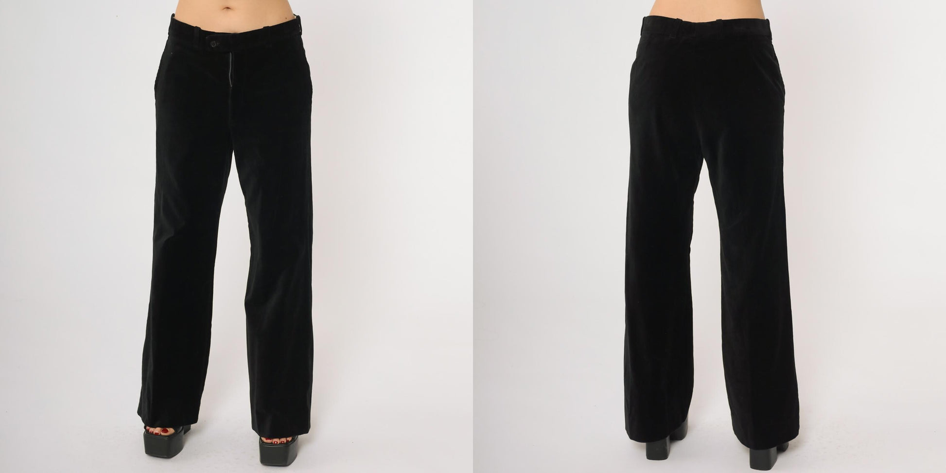 80s Black Velvet Wide Leg High Waisted Trousers Straight Leg Medium