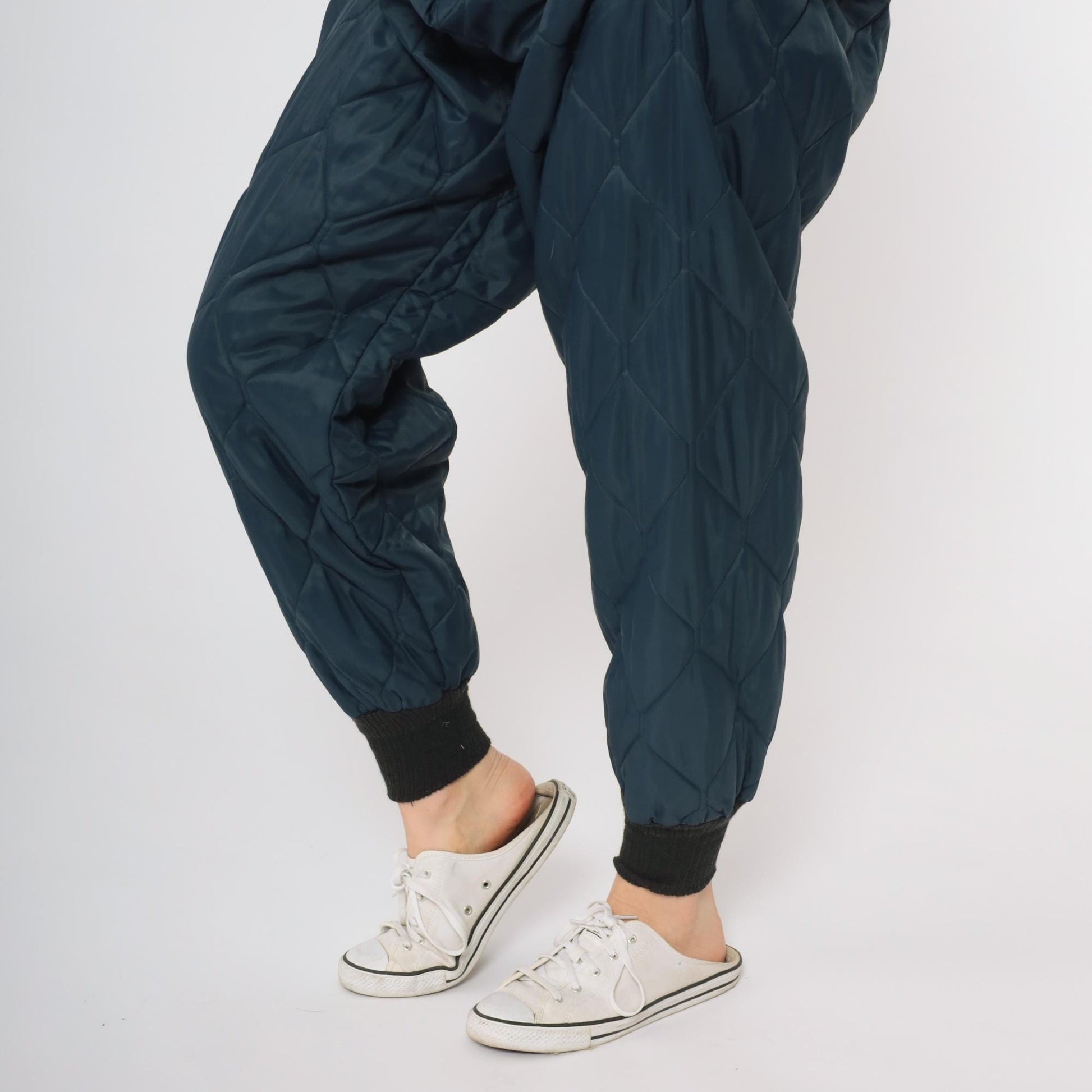 80s Navy Quilted Pants Diamond Pattern Elastic Waist Baggy Extra Large XL