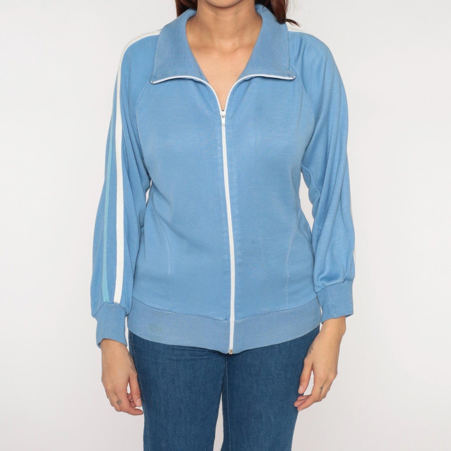 70s Track Jacket Baby Blue Striped Zip-Up Raglan Warmup Small