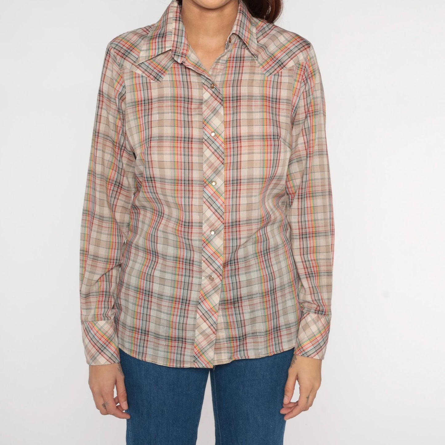 70s Western Pearl Snap Shirt Metallic Plaid Tan Red Green Navy Small