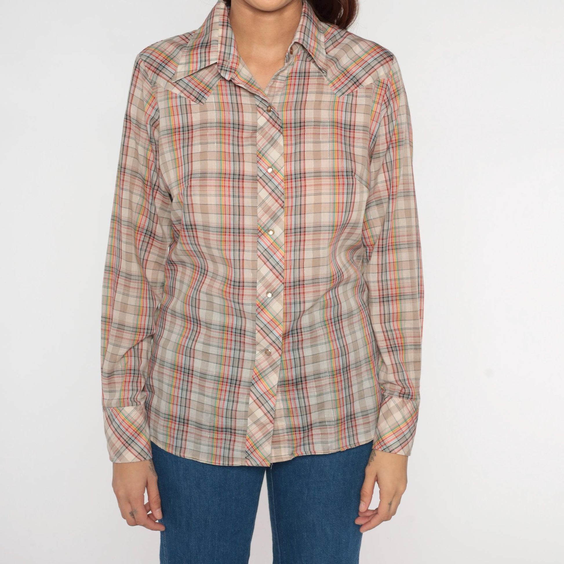 70s Western Pearl Snap Shirt Metallic Plaid Tan Red Green Navy Small