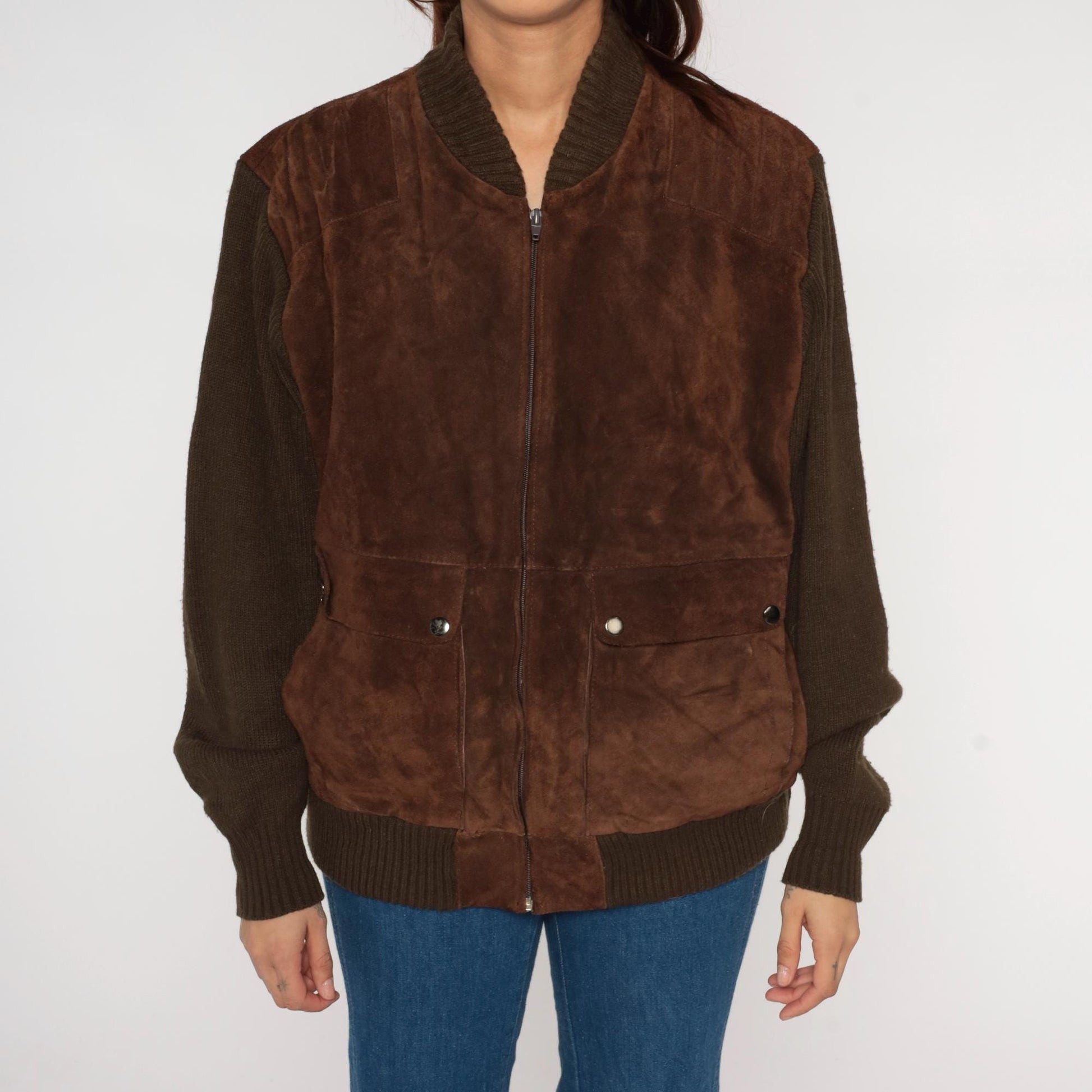80s Brown Suede Bomber Jacket Knit Sleeves Zip Front Unisex Extra Large XL