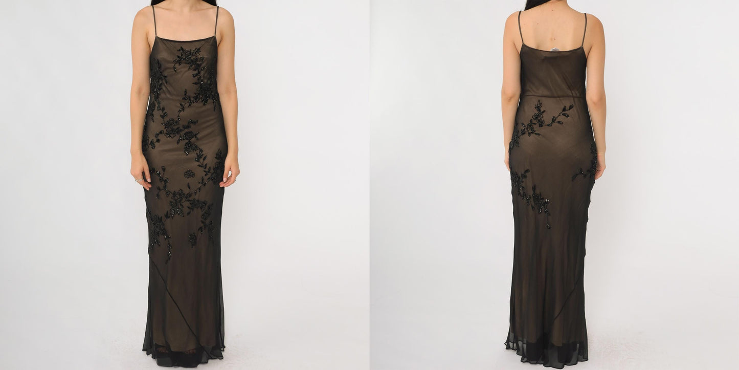 Y2K Marina Bresler Black Silk Beaded Maxi Slip Dress Small S