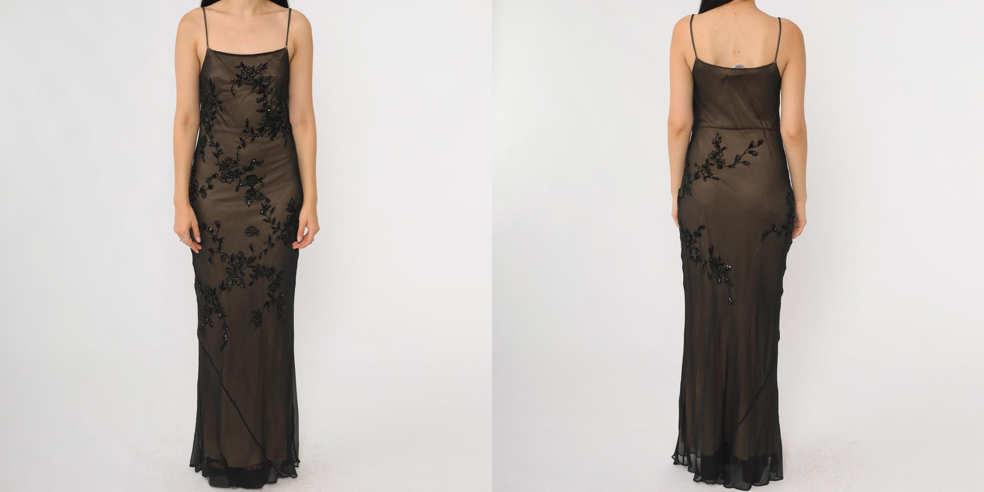 Y2K Marina Bresler Black Silk Beaded Maxi Slip Dress Small S