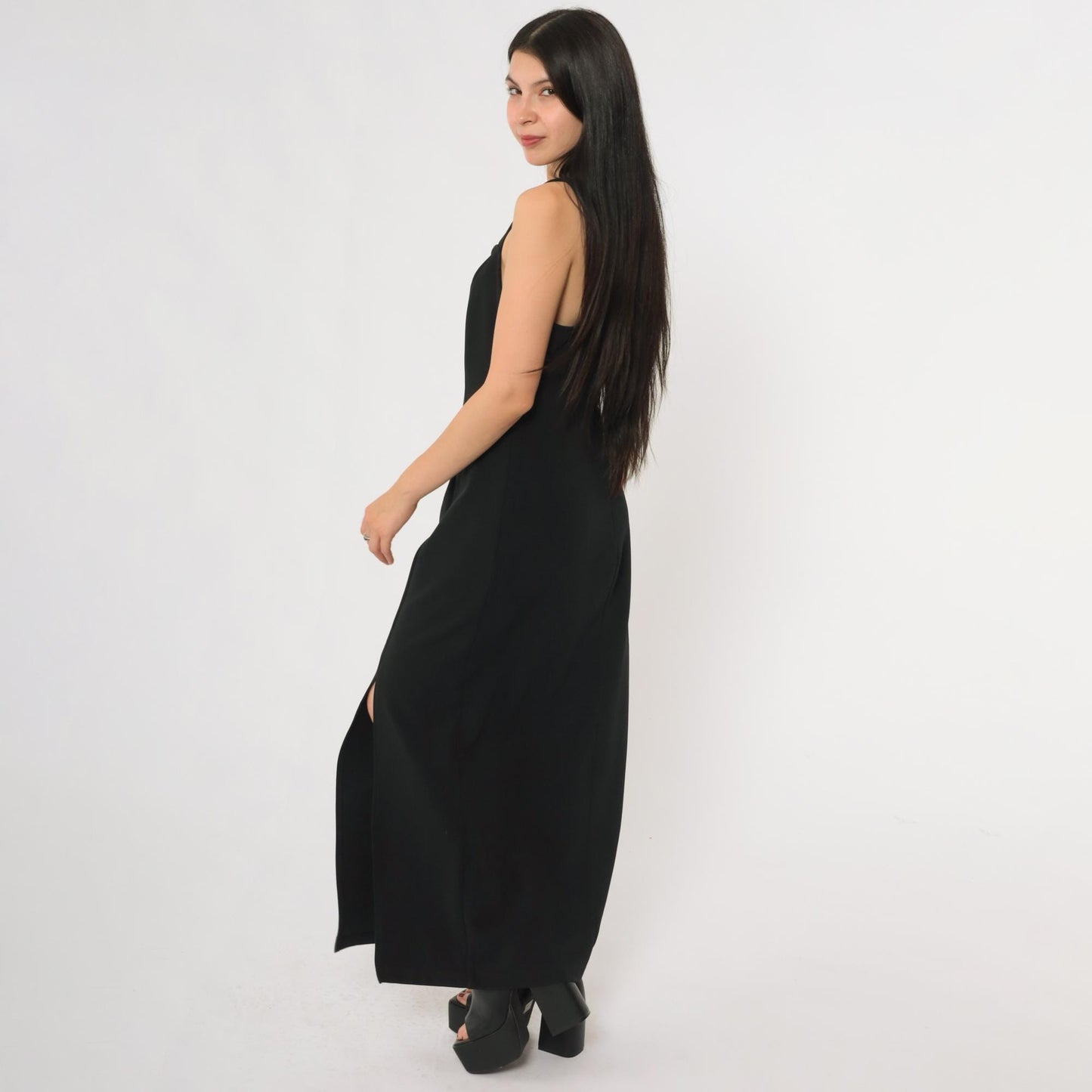 90s Black Velvet Maxi Gown Sweetheart Neckline Side Slit Medium M