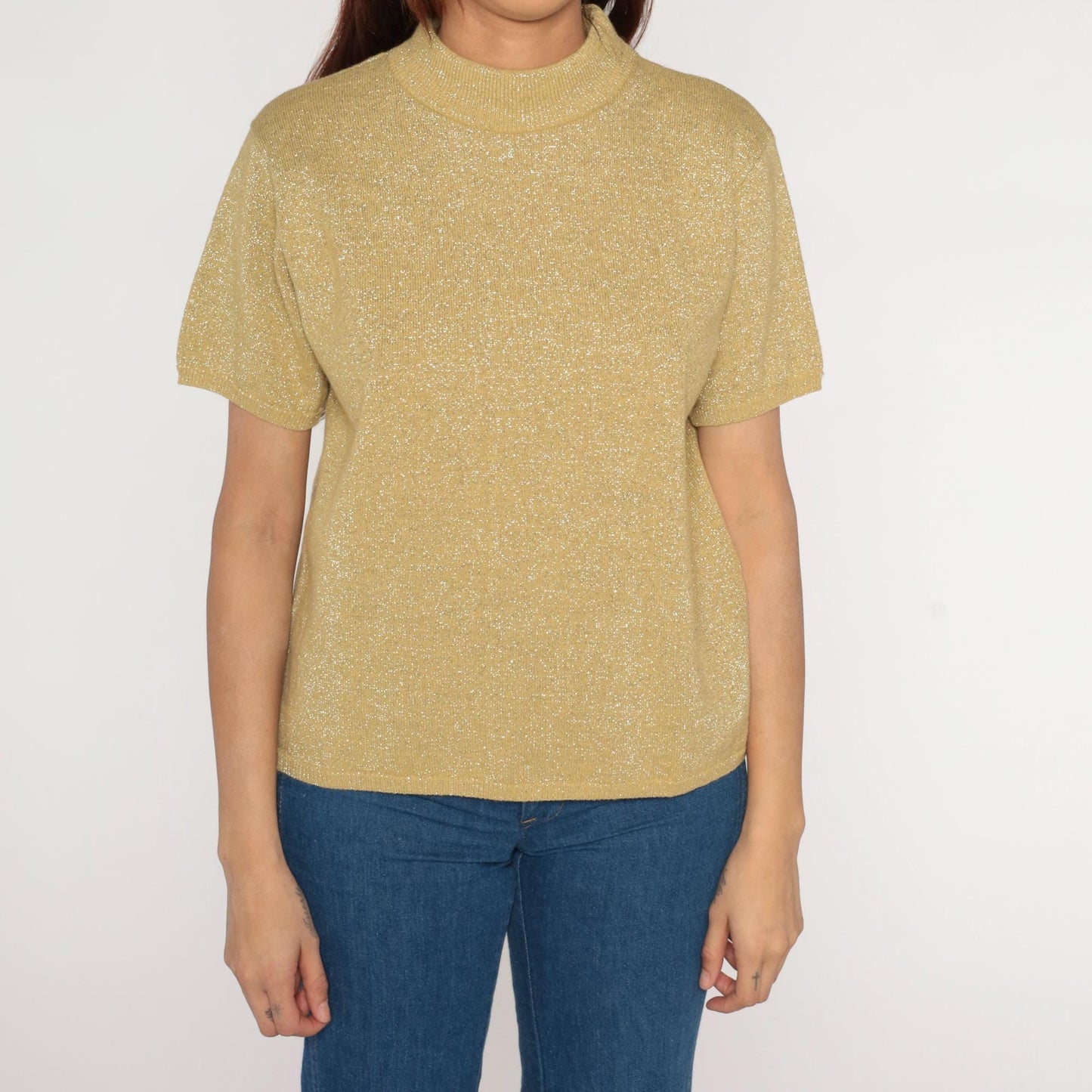 90s Gold Sparkly Knit Short Sleeve Blouse Medium