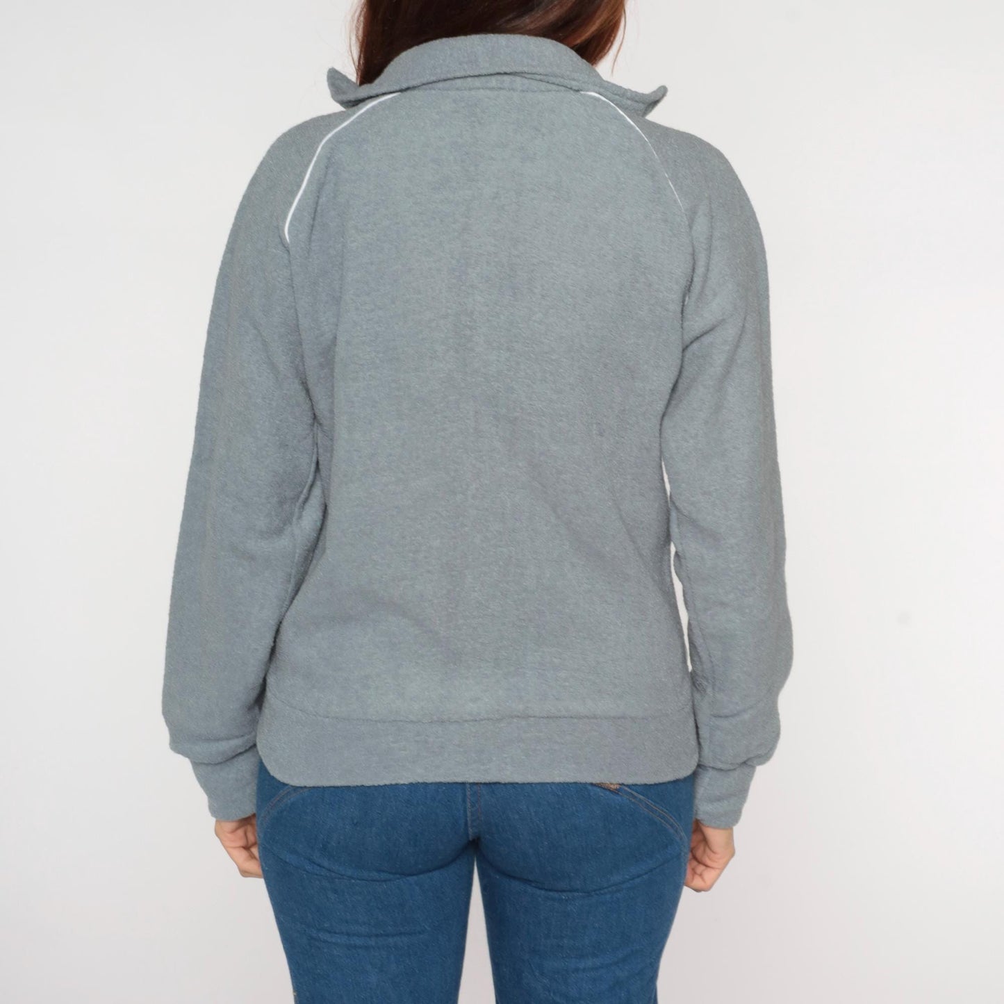 80s Jaguar Grey Zip-Up Sweatshirt White Piping Collar Small S