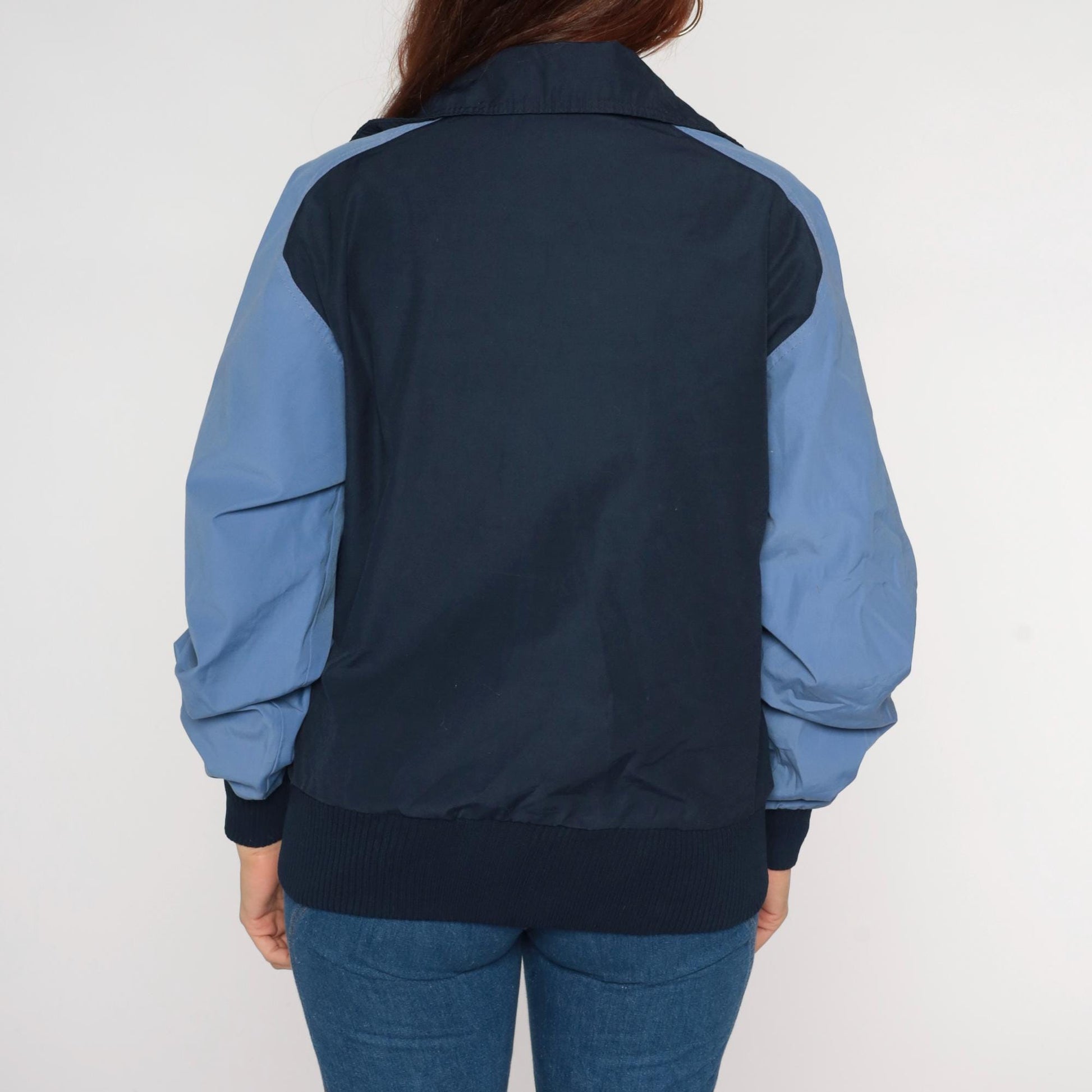 80s Navy Light Blue Colorblock Windbreaker Zip Jacket Medium M