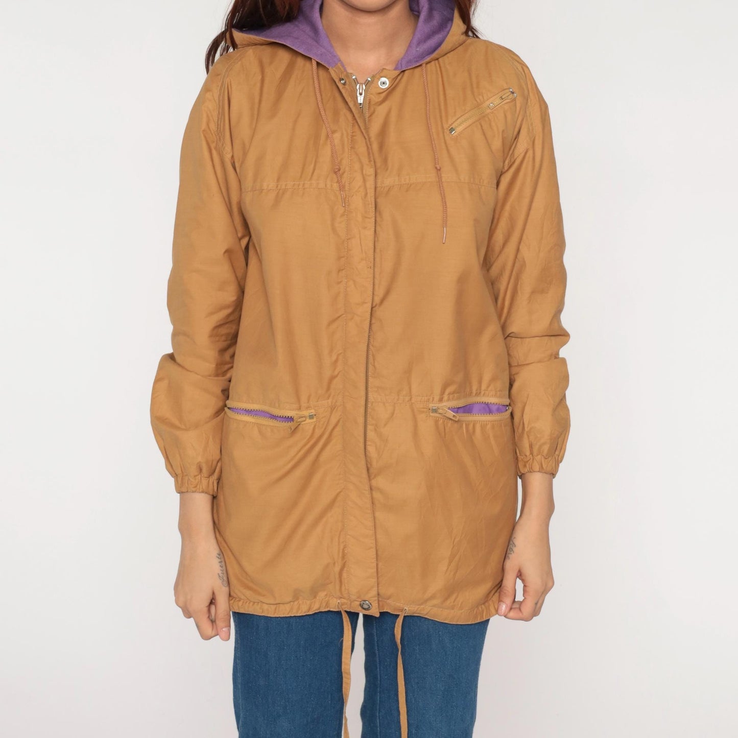 80s Aspen Tan Windbreaker Hood Zip Front Jacket Purple Lining Small