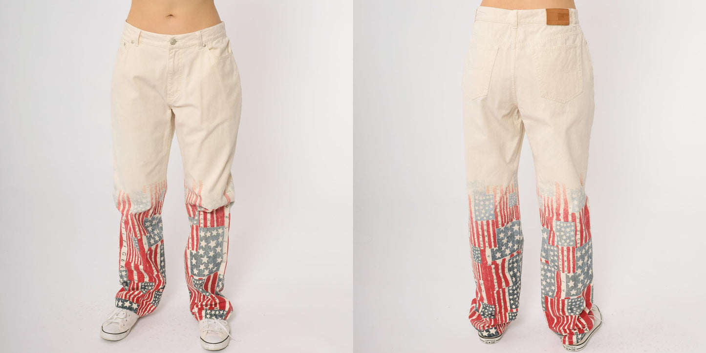 Y2K Tommy Hilfiger Flag Print Denim Jeans Off-White Distressed Wide Leg Size 10