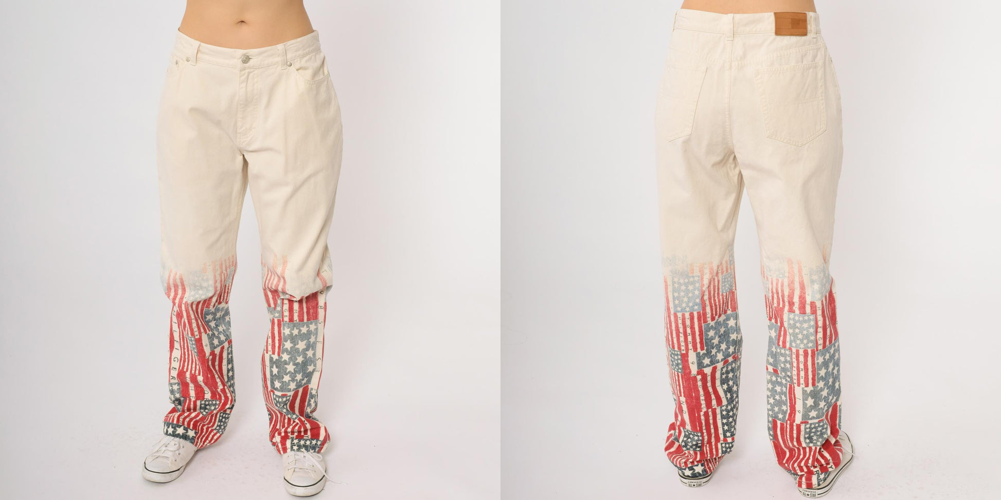 Y2K Tommy Hilfiger Flag Print Denim Jeans Off-White Distressed Wide Leg Size 10