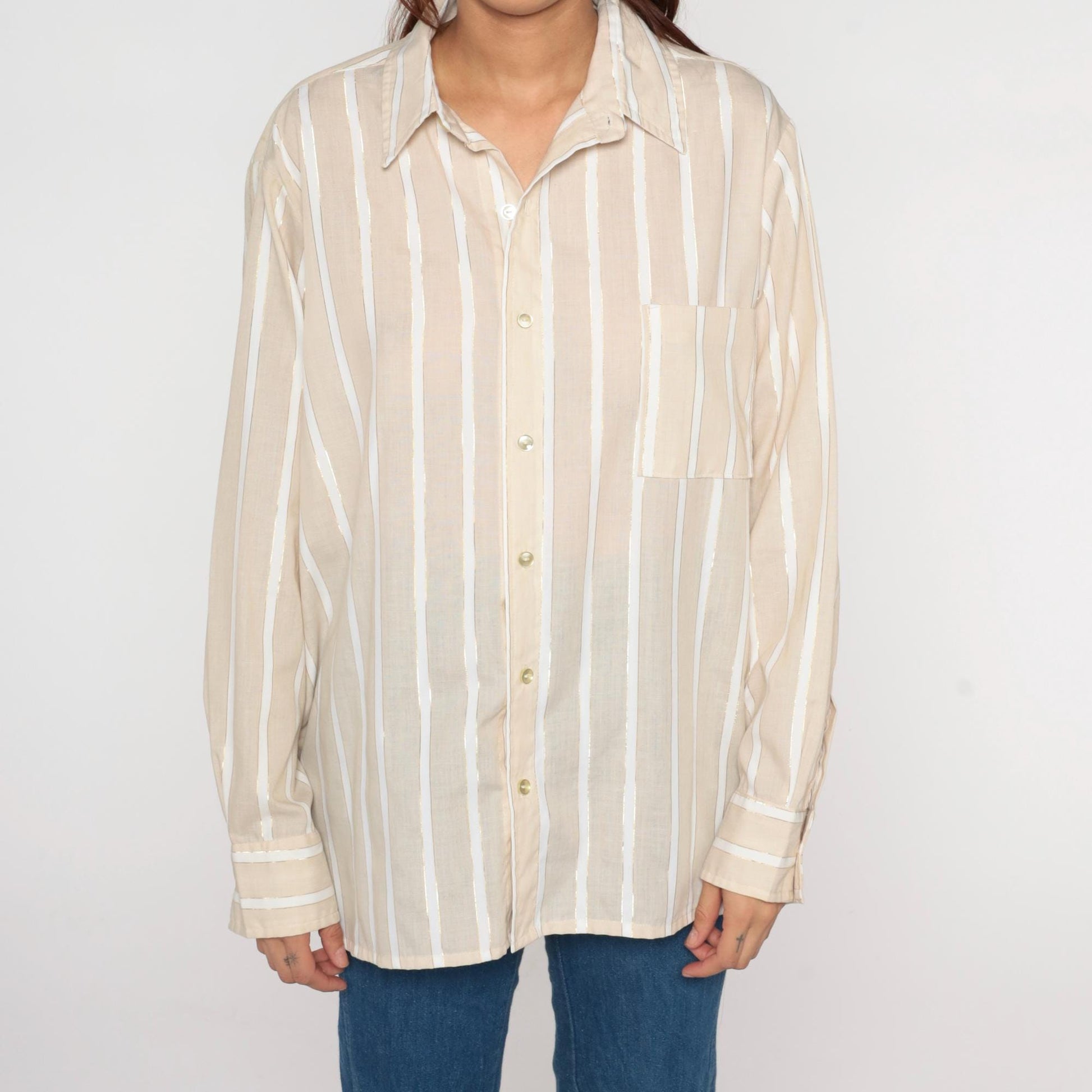70s Beige Striped Button-Front Shirt Long Sleeve Chest Pocket Extra Large