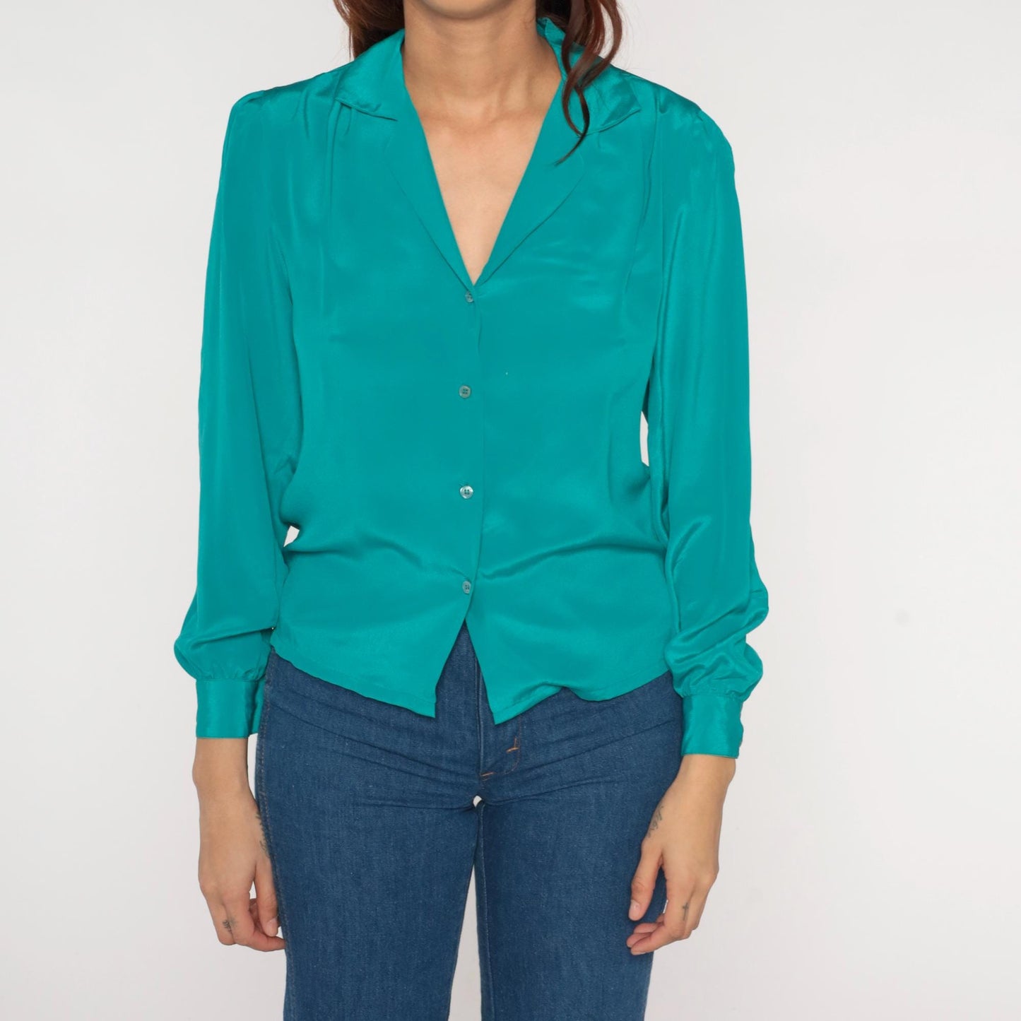80s Teal Green Button-Up Shirt Christy Ann Short Sleeve Blouse Small