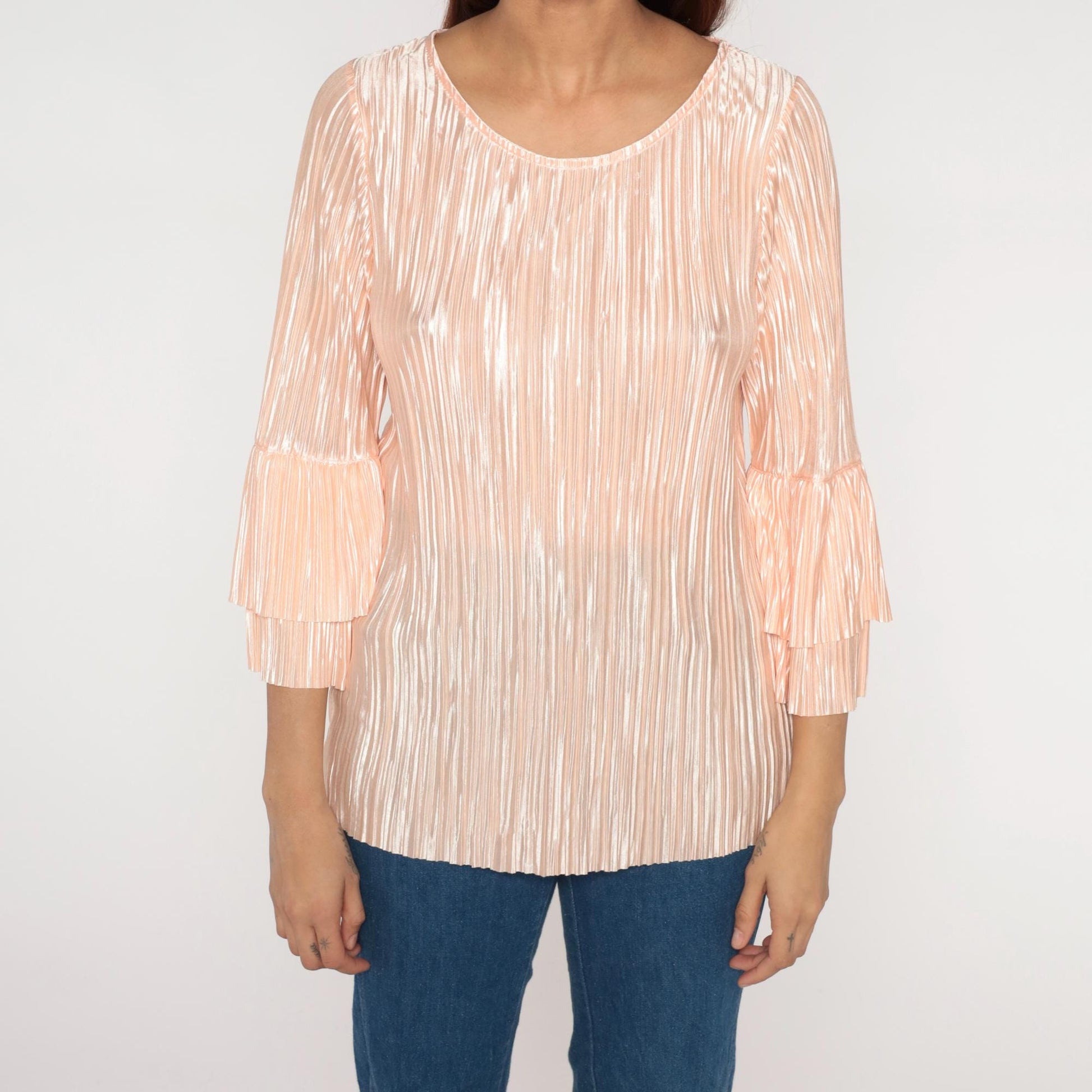 80s Pink Metallic Pleated Blouse Long Sleeve Ruffle Bell Cuffs Medium