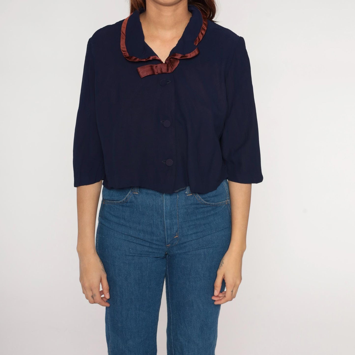 60s Puritan Forever Young Navy Blouse Rust Satin Collar Cropped Medium Large