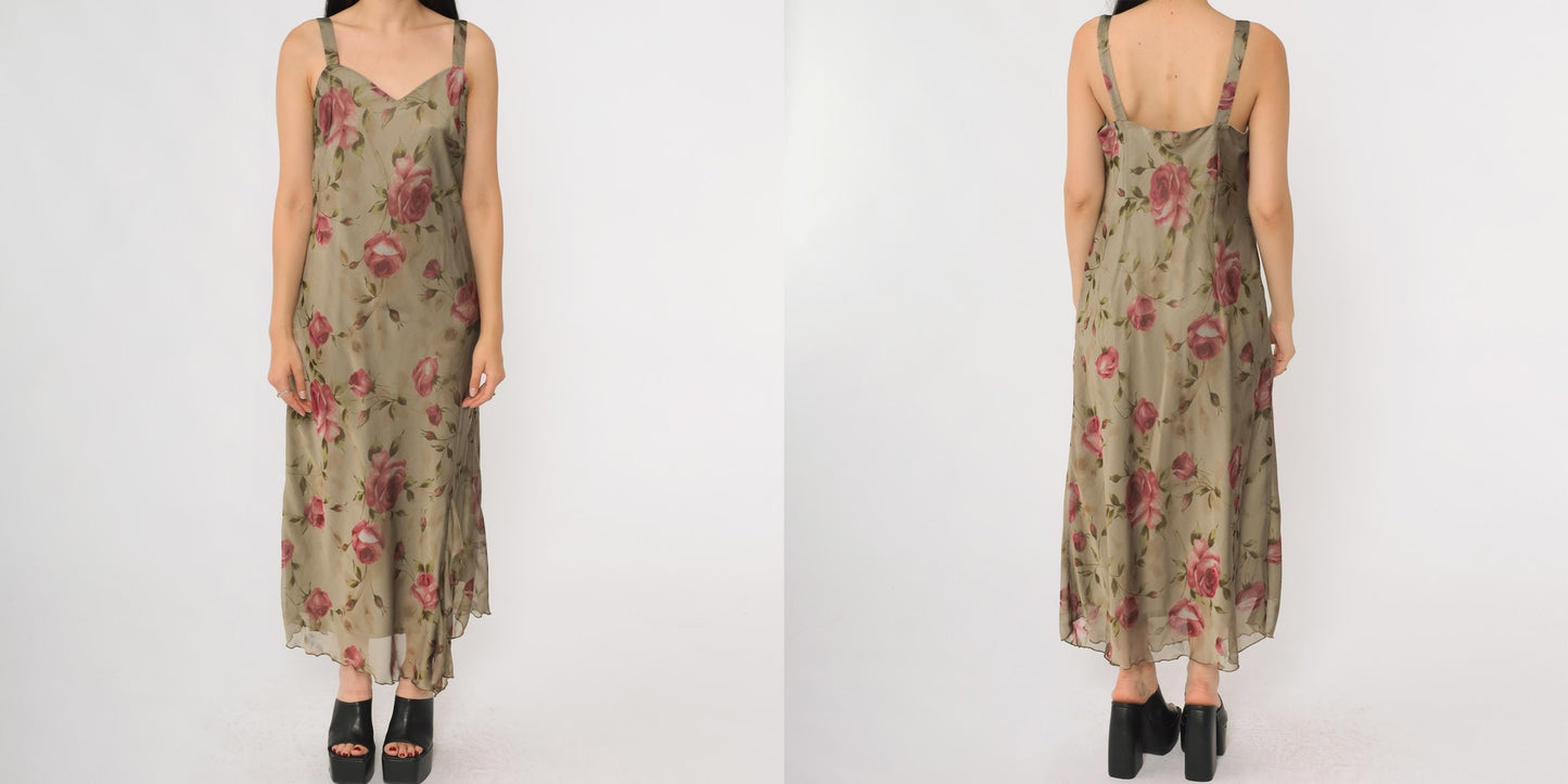 90s R & M Richards Floral Maxi Dress Sage Green Pink Rose Print Petite 8P